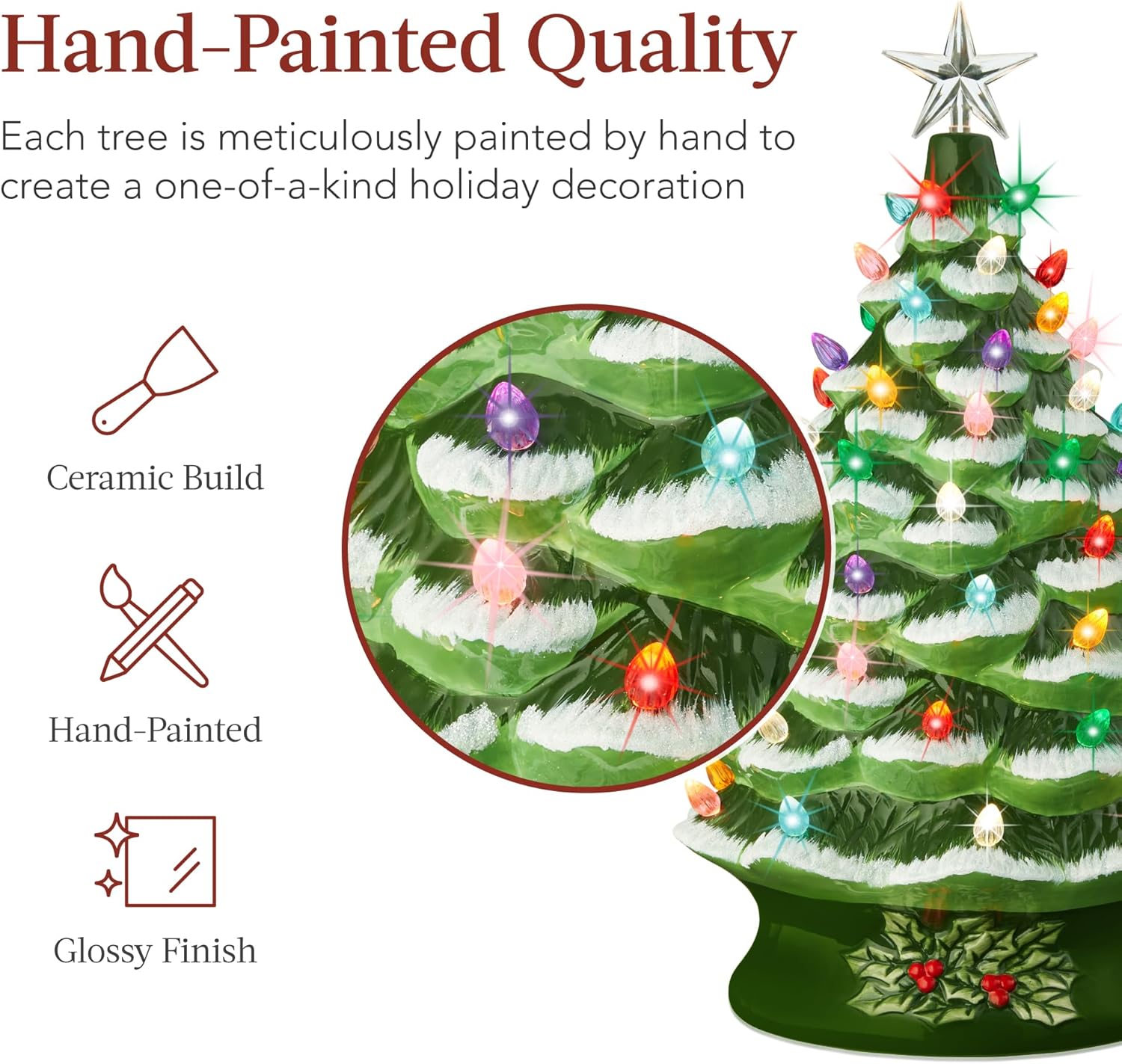 Best Choice Products 18in Large Ceramic Christmas Tree, Pre-lit Hand-Painted Tabletop Holiday Decoration w/Power Cord, 2 Star, 93 Multicolored Bulbs, LED Lights - Green
