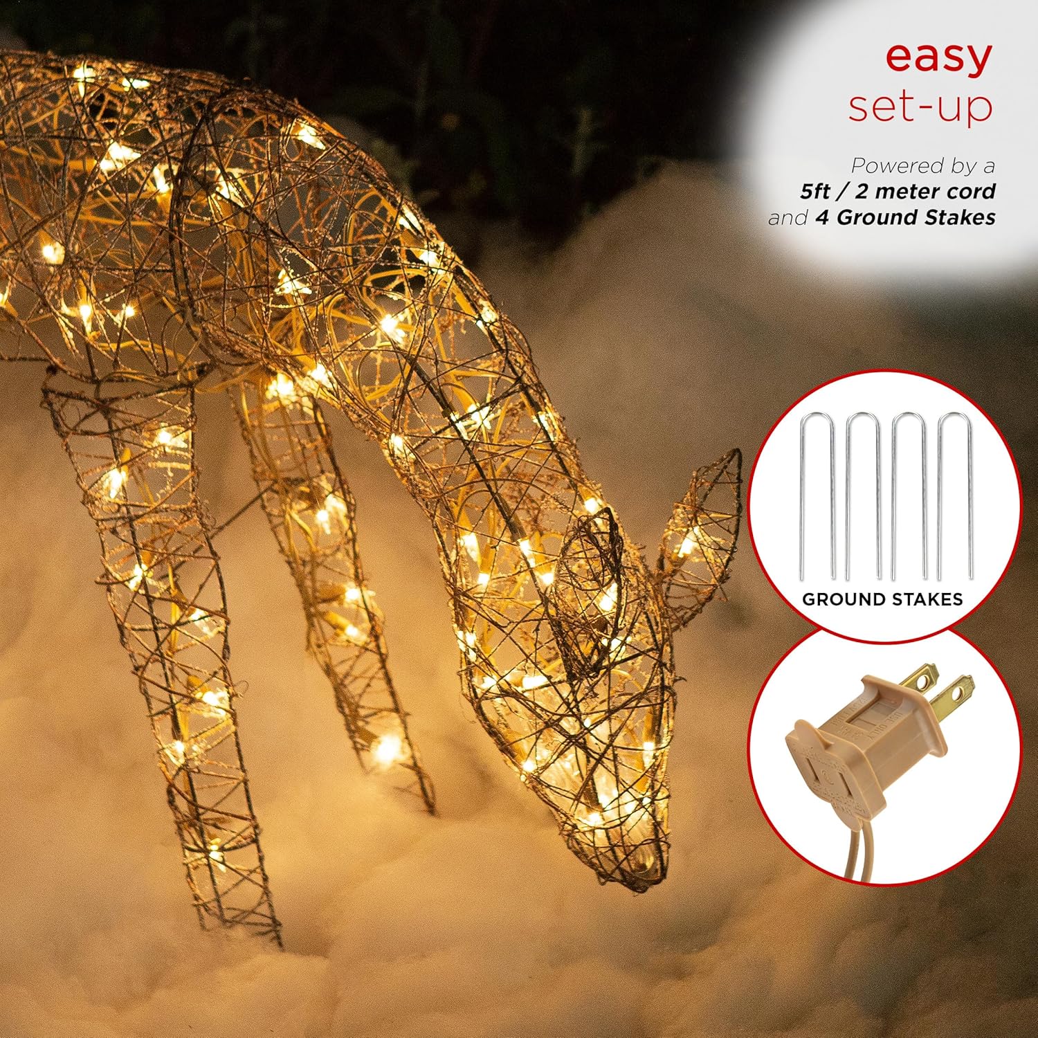 Alpine Corporation 24 Tall Outdoor Rattan Grazing Reindeer Lawn Decoration with White LED Lights, Christmas Yard Decor, Holiday Garden Display