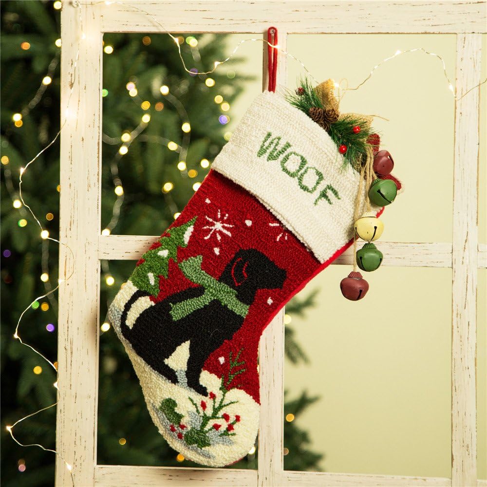Glitzhome 19 L Handmade Hooked Dog Christmas Stocking for Family Holiday Season Party Decor
