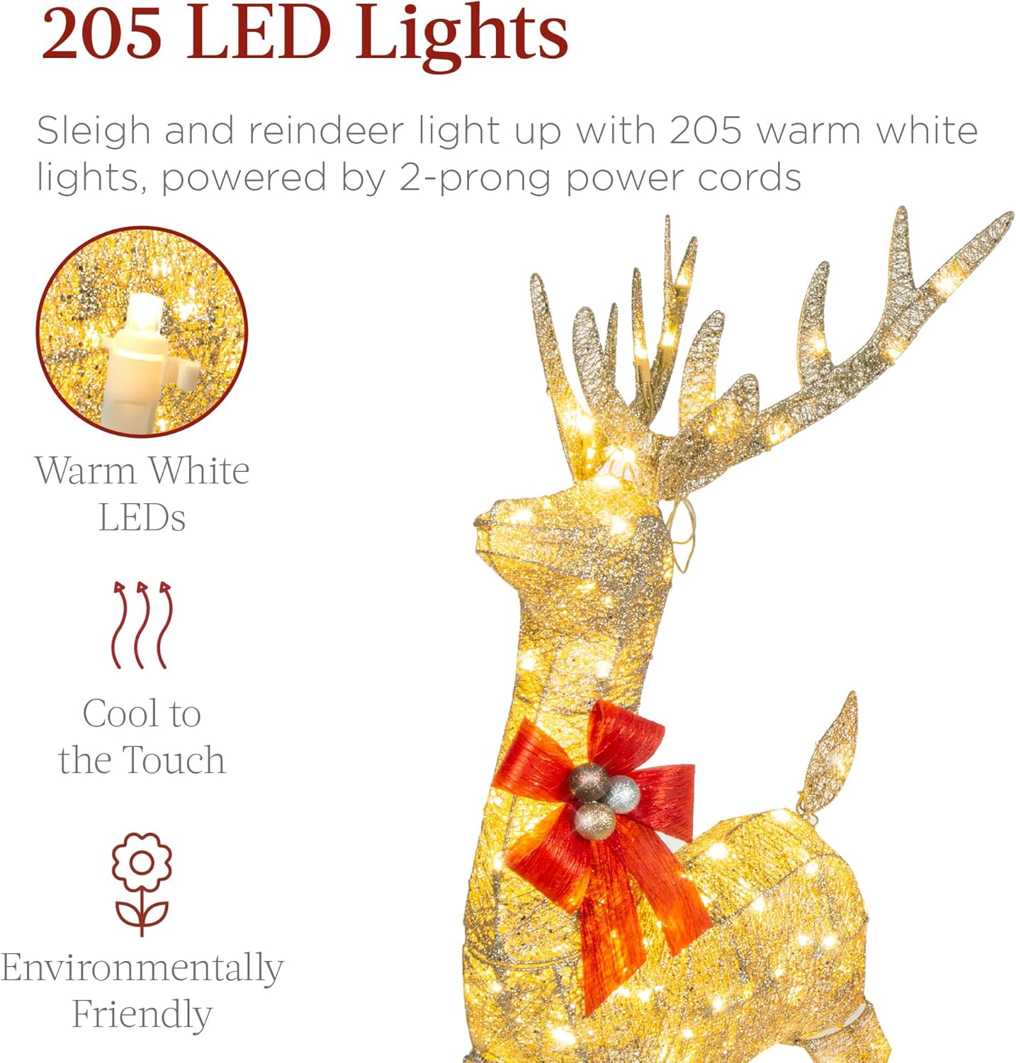 Best Choice Products Lighted Christmas 4ft Reindeer & Sleigh Holiday Outdoor Yard Decoration Set w/ 205 LED Lights, Stakes, Zip Ties - Gold