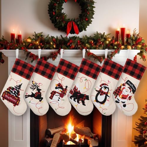 LUBOT Set of 8 Christmas Stocking(20inch) Silhouette Buffalo Red Plaid/Rustic/Farmhouse/Country Cotton Fireplace Hanging Xmas Stockings Decorations for Family Holiday Season Decor