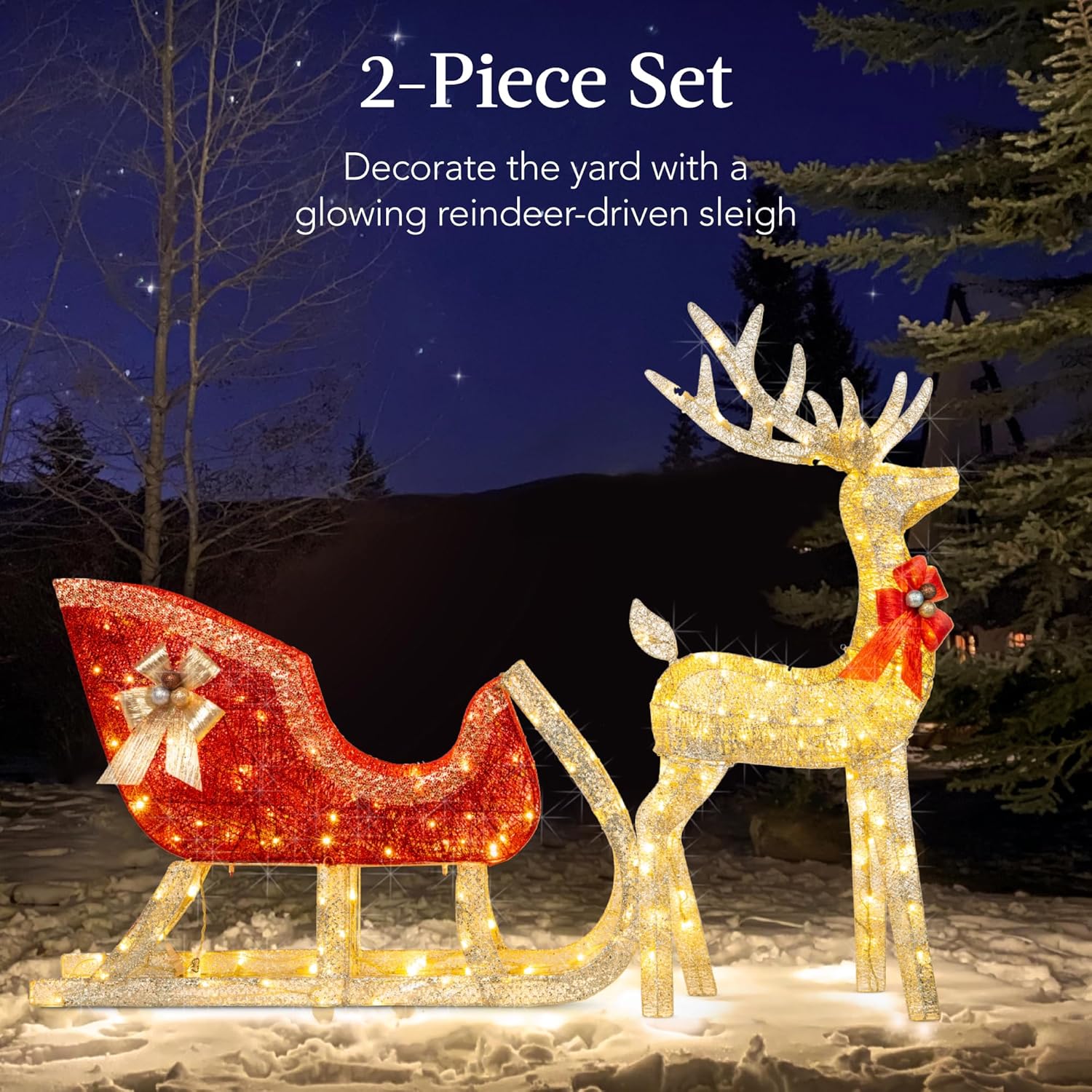 Best Choice Products Lighted Christmas 4ft Reindeer & Sleigh Holiday Outdoor Yard Decoration Set w/ 205 LED Lights, Stakes, Zip Ties - Gold