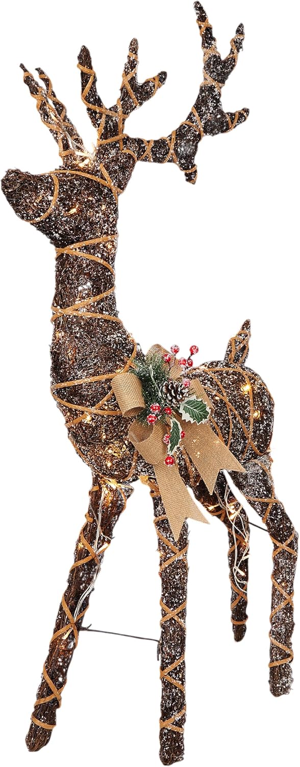 Alpine Corporation 24 Tall Outdoor Rattan Grazing Reindeer Lawn Decoration with White LED Lights, Christmas Yard Decor, Holiday Garden Display