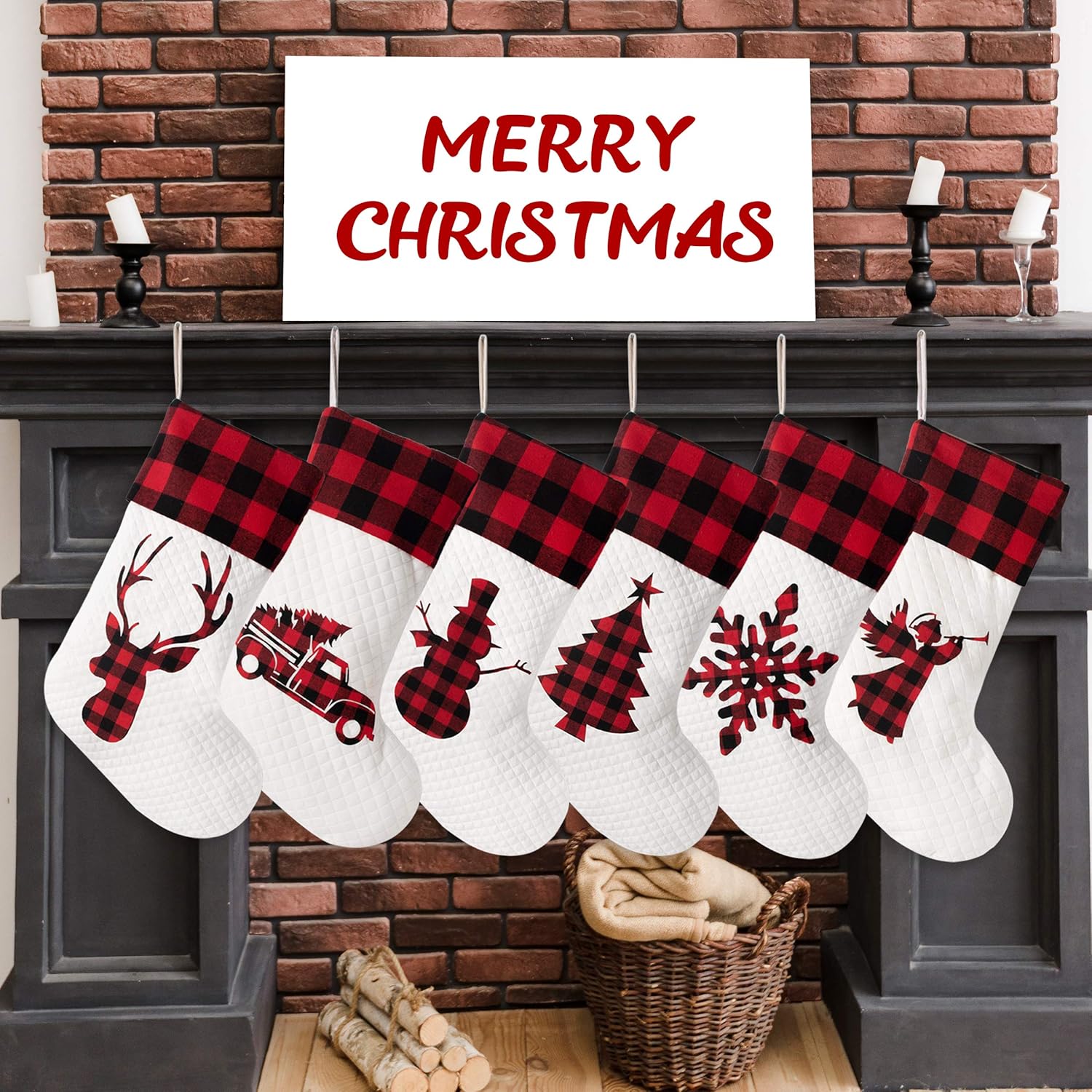 LUBOT Set of 8 Christmas Stocking(20inch) Silhouette Buffalo Red Plaid/Rustic/Farmhouse/Country Cotton Fireplace Hanging Xmas Stockings Decorations for Family Holiday Season Decor