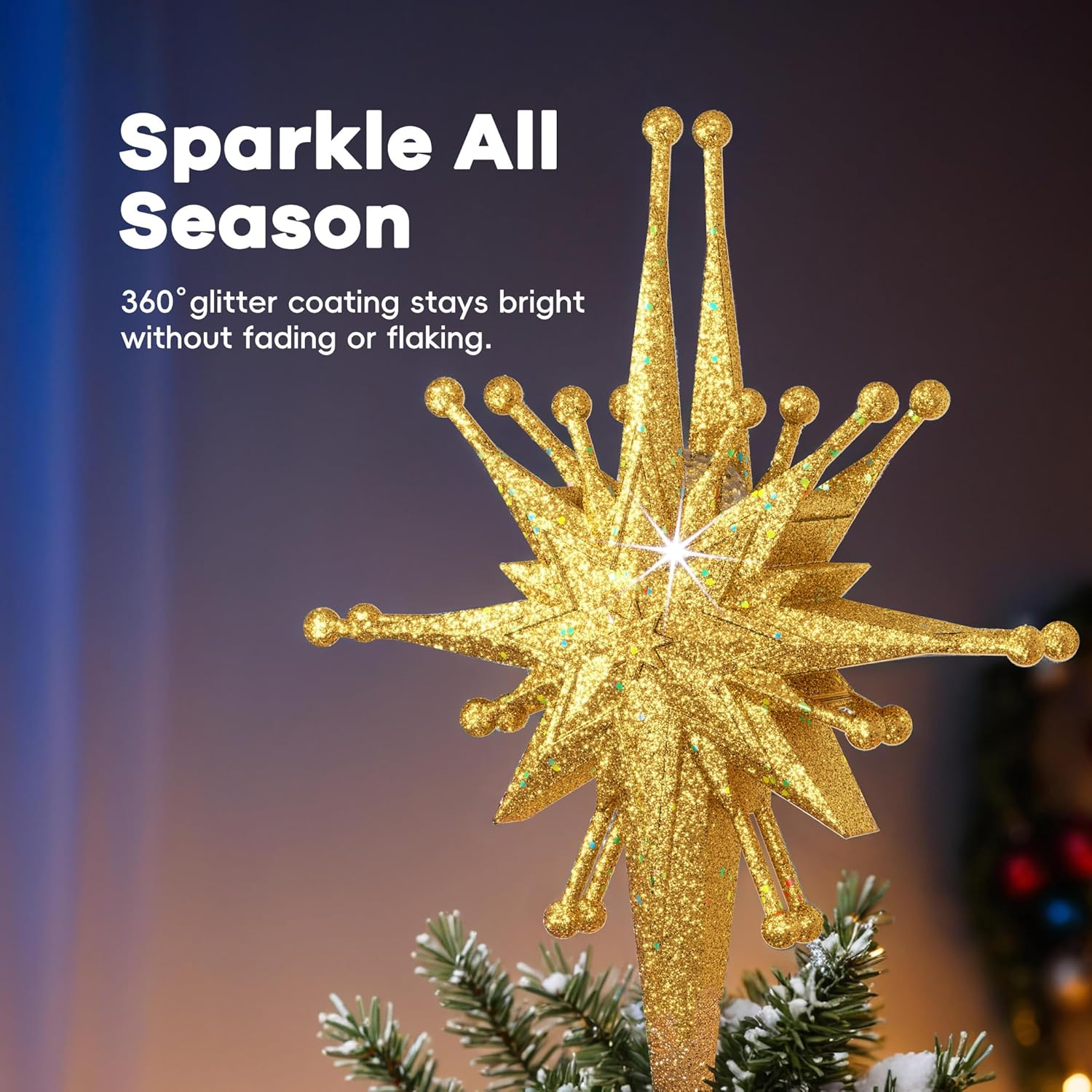 DG-Direct Christmas Tree Topper Lighted with Golden Snowflake Projector, Led Rotating Magic Snowflake, 3D Hollow Glitter Lighted Gold Snow Tree Topper for Christmas Tree Decorations