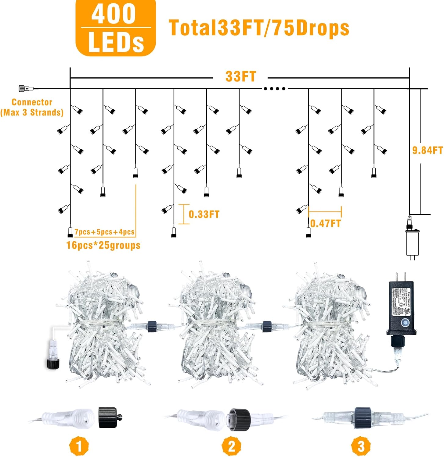 66ft Icicle Lights for Outside - 640 LED Christmas Lights Outdoor with 120 Drops 8 Modes, Plug in Twinkle Light Outside for Holiday Wedding Party Tree Room Indoor Thanksgiving Decoration, Warm White