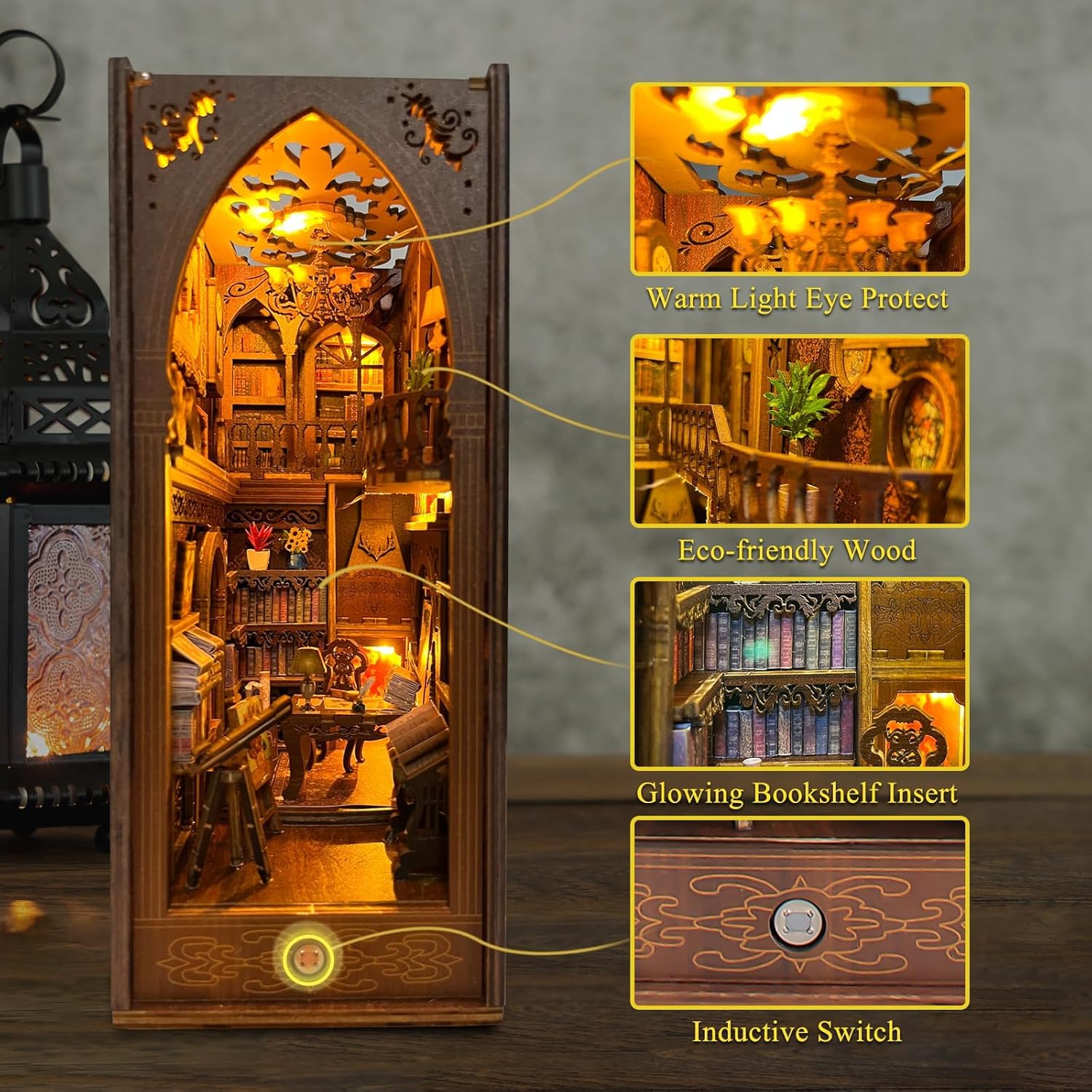 CRIOLPO Book Nook Kit - DIY Doll House Booknook, Book Nook Miniature Kit for Bookshelf Doll Houses for Adults Teen Halloween, 3D Wooden Puzzle Bookends with Sensor Led Light