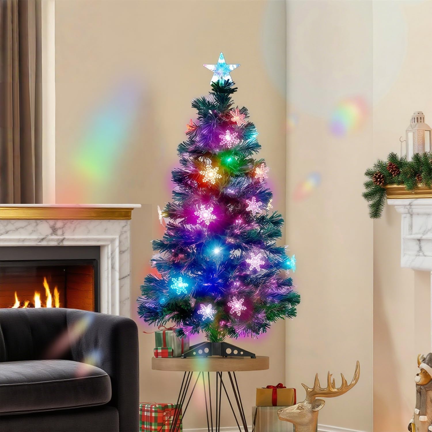 Juegoal 6 ft Pre-Lit Optical Fiber Christmas Artificial Tree, RGB Color Changing LED Lights, Snowflakes & Top Star, Fake Xmas Tree with Metal Legs