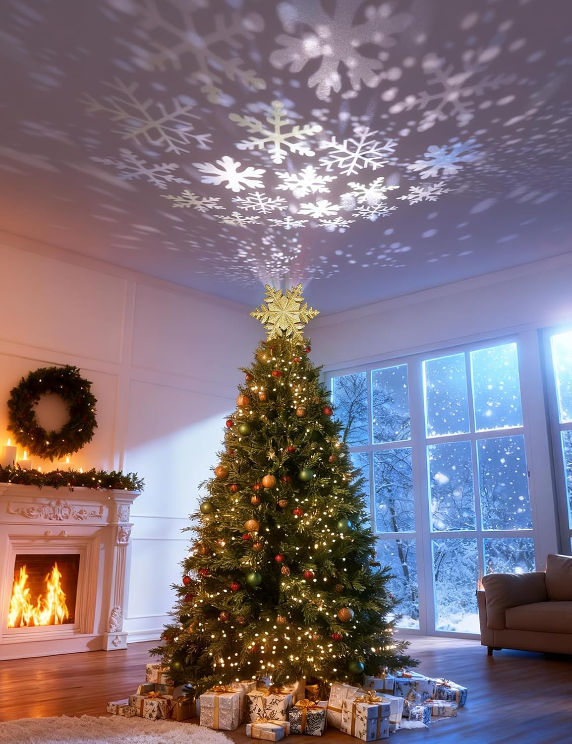 DG-Direct Christmas Tree Topper Lighted with Golden Snowflake Projector, Led Rotating Magic Snowflake, 3D Hollow Glitter Lighted Gold Snow Tree Topper for Christmas Tree Decorations