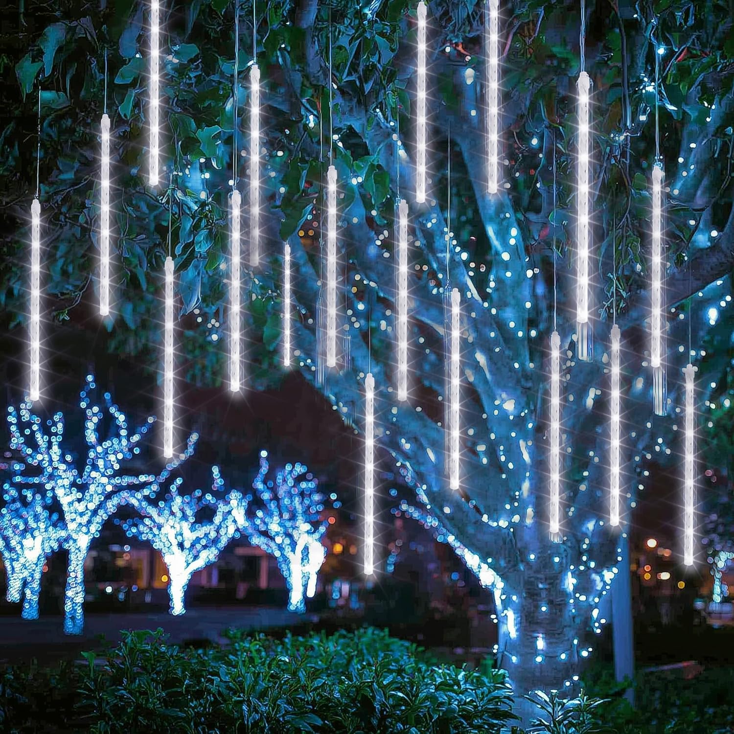 Dazzle Bright 864LED Christmas Light, Meteor Shower Rain Lights 11.8 Inch 24 Tubes, Waterproof Plug in Falling Rain Lights Christmas Decorations for Xmas Bushes Tree Yard Party (Blue)