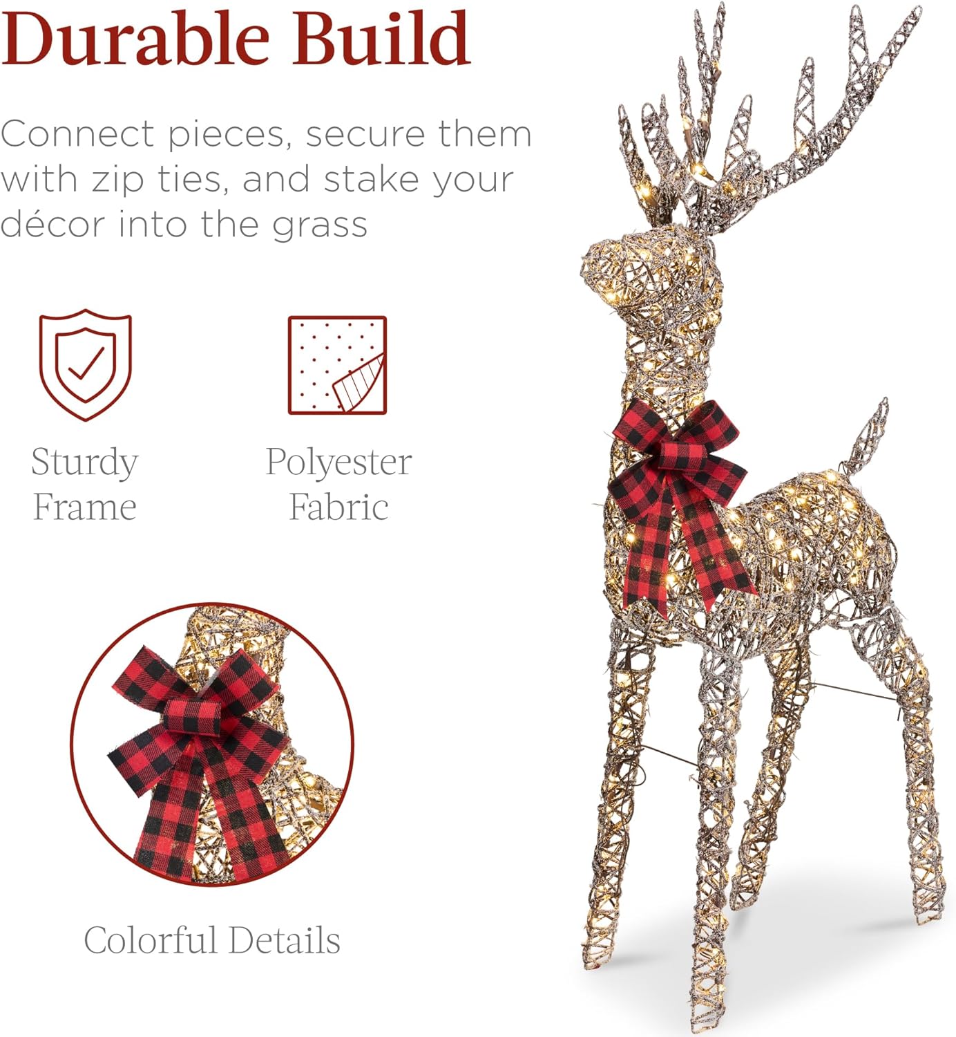 Best Choice Products Lighted Christmas 4ft Reindeer & Sleigh Holiday Outdoor Yard Decoration Set w/ 205 LED Lights, Stakes, Zip Ties - Gold