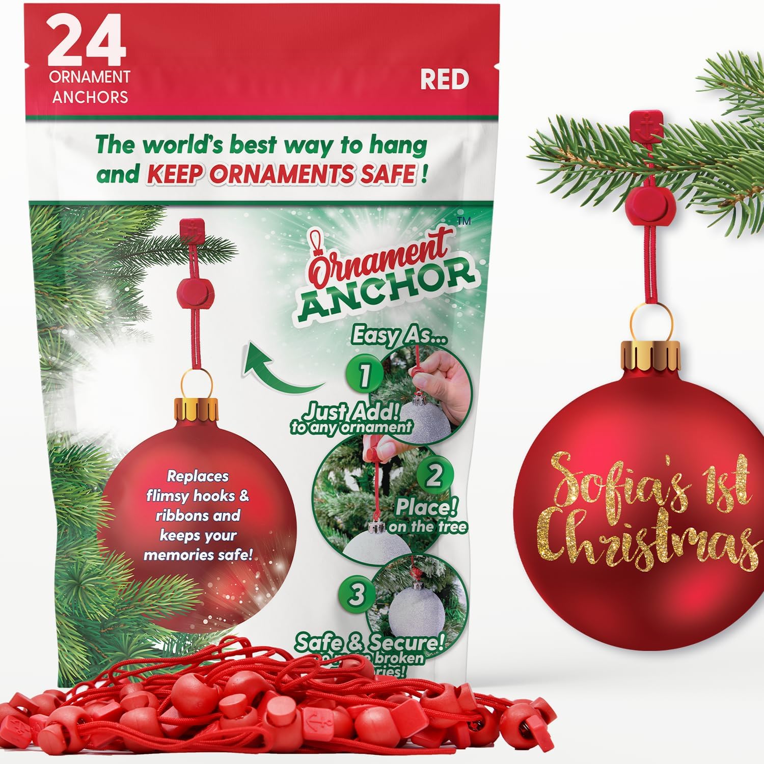 ORNAMENT ANCHOR Ornament Hooks for Hanging Christmas Decorations - No-Slip Hanging Hooks for Xmas - Heavy Duty Christmas Tree Ornaments Hanger Hooks for Small & Large Ornaments (Green, 24 Count)