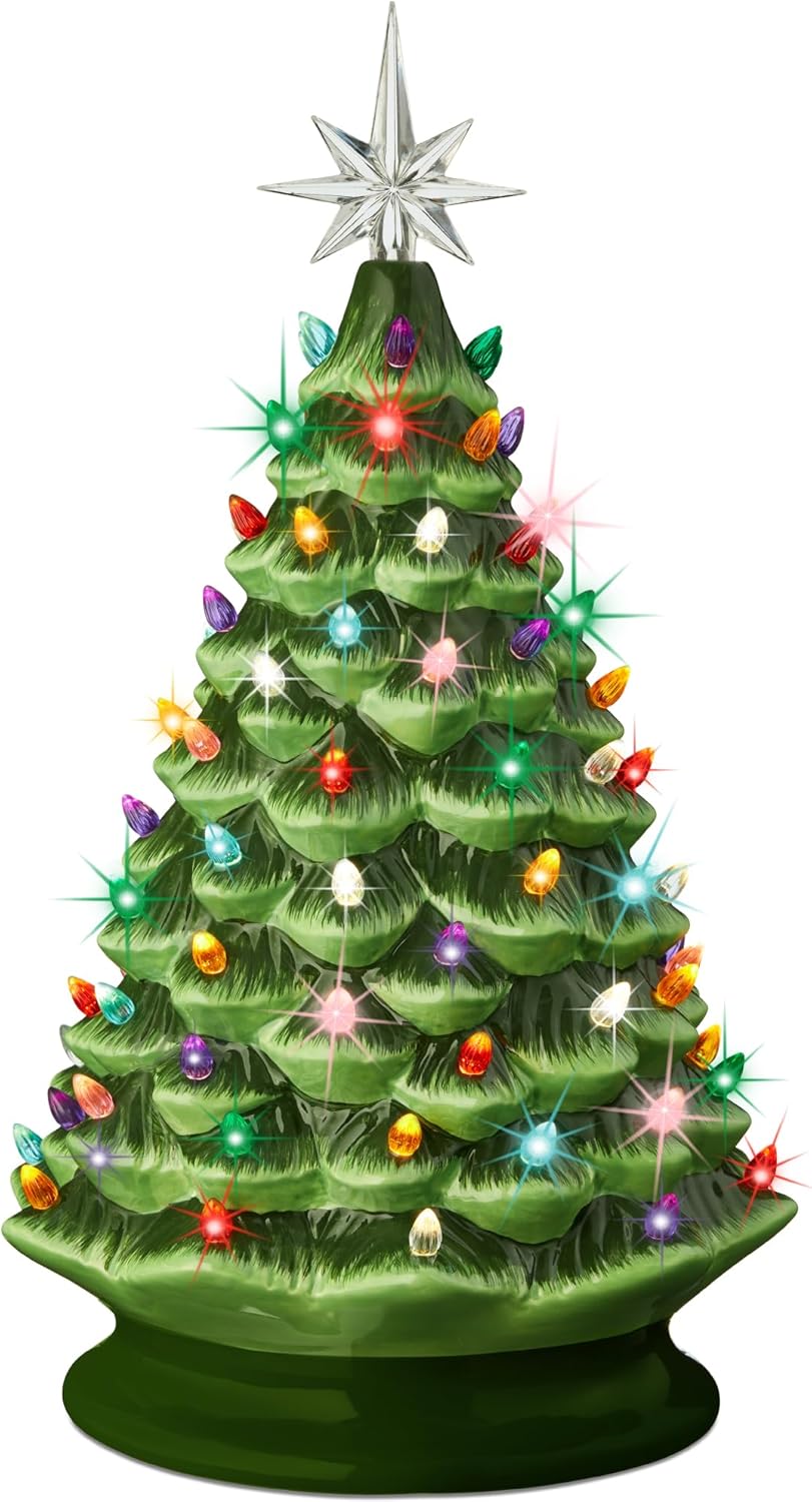 Best Choice Products 18in Large Ceramic Christmas Tree, Pre-lit Hand-Painted Tabletop Holiday Decoration w/Power Cord, 2 Star, 93 Multicolored Bulbs, LED Lights - Green