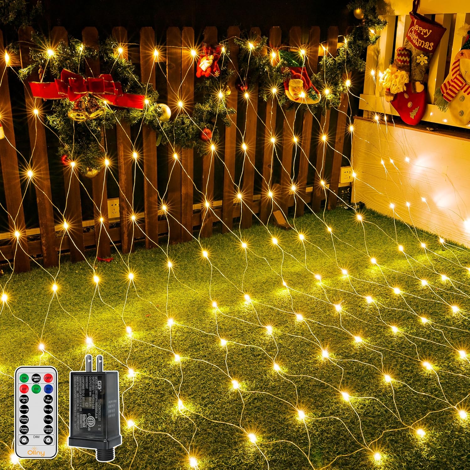 Ollny Net Lights Outdoor Mesh Light 10x7ft, 210LED Clear Wire Connectable Christmas Net Lights with 8 Modes, IP67 Waterproof Bush Light for Tree Wall Ceiling Outside Decorations, Warm White