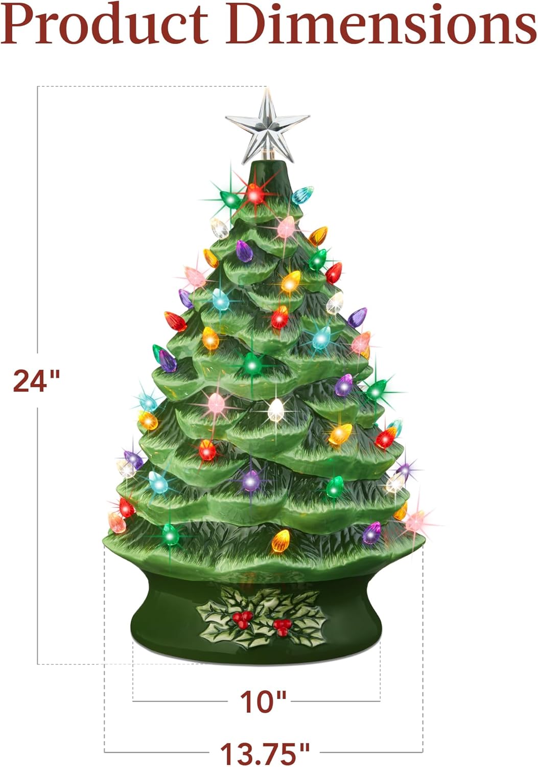 Best Choice Products 18in Large Ceramic Christmas Tree, Pre-lit Hand-Painted Tabletop Holiday Decoration w/Power Cord, 2 Star, 93 Multicolored Bulbs, LED Lights - Green