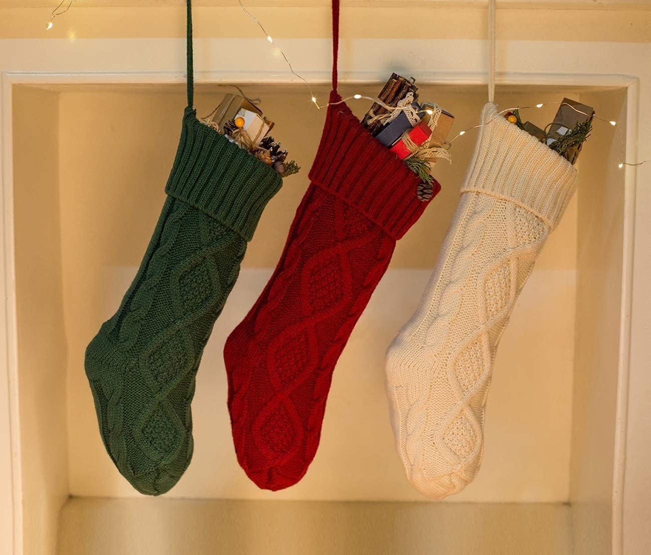 Fesciory 4 Pack Christmas Stockings 18 Inches Large Size Cable Knitted Stocking Gifts & Decorations for Family Holiday Xmas Party, Ivory White