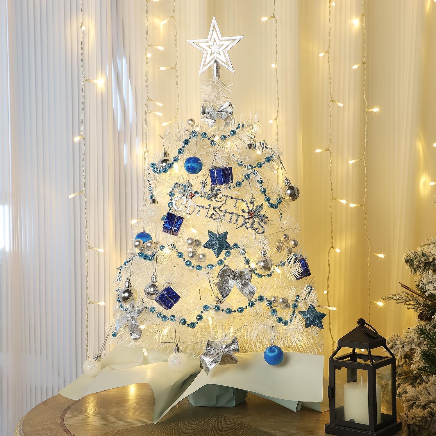 Juegoal 24 Inch Mini Christmas Tree Set, Table Top Artificial Christmas Trees with 50 LED Lights, Ornaments and Red Berries, Best DIY Christmas Decorations