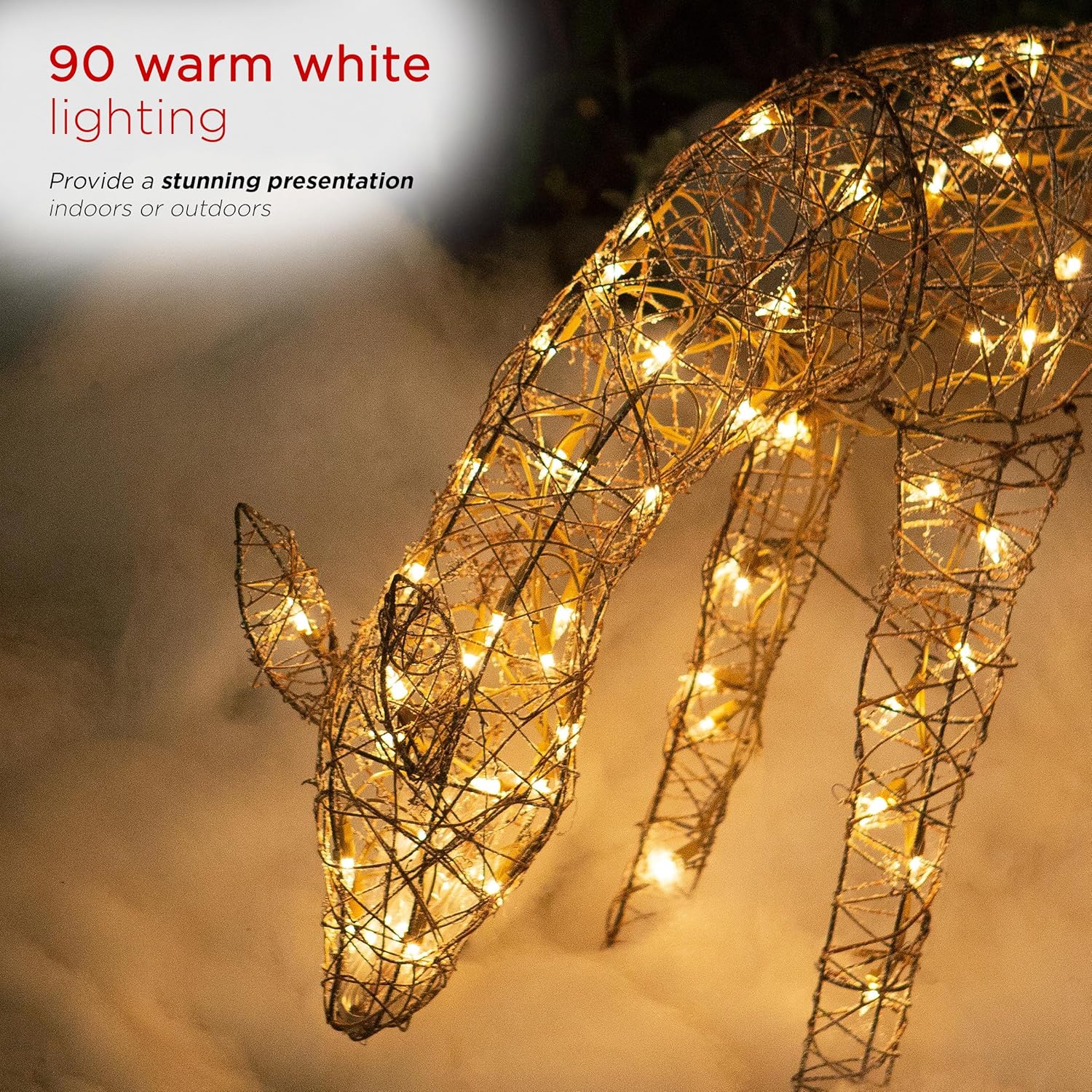Alpine Corporation 24 Tall Outdoor Rattan Grazing Reindeer Lawn Decoration with White LED Lights, Christmas Yard Decor, Holiday Garden Display