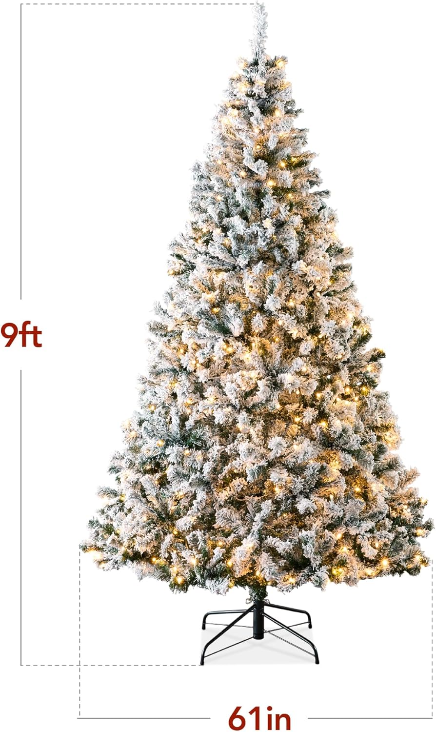 Best Choice Products Pre-Lit Artificial Christmas Tree, 6ft Snow Flocked Design Pine Tree, Full Appearance Snowy w/Easy Assembly, Metal Stand