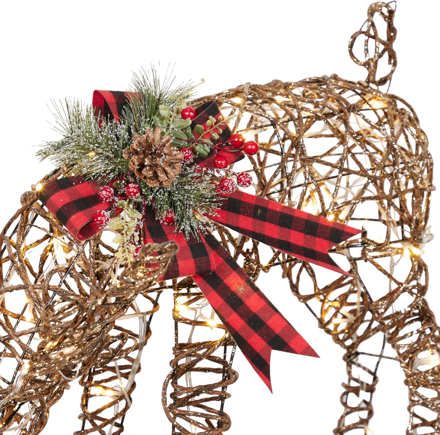 Alpine Corporation 24 Tall Outdoor Rattan Grazing Reindeer Lawn Decoration with White LED Lights, Christmas Yard Decor, Holiday Garden Display