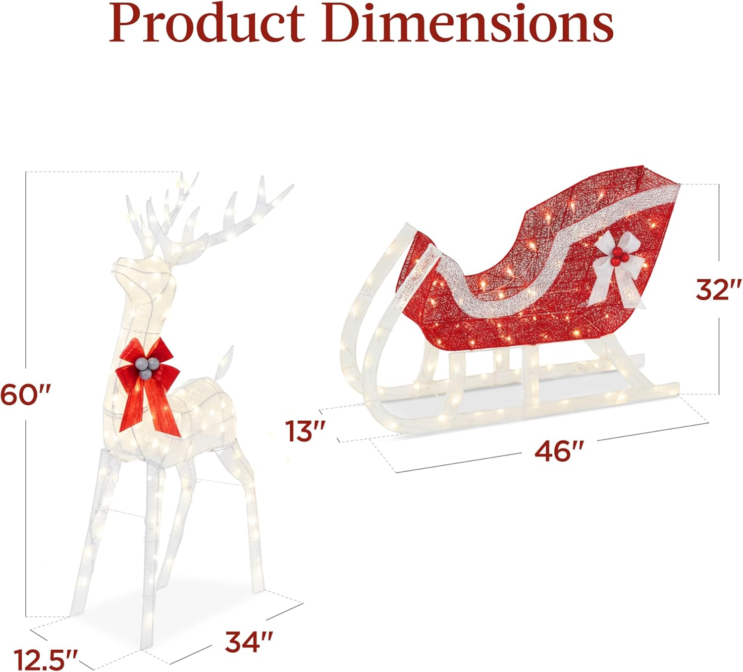 Best Choice Products Lighted Christmas 4ft Reindeer & Sleigh Holiday Outdoor Yard Decoration Set w/ 205 LED Lights, Stakes, Zip Ties - Gold