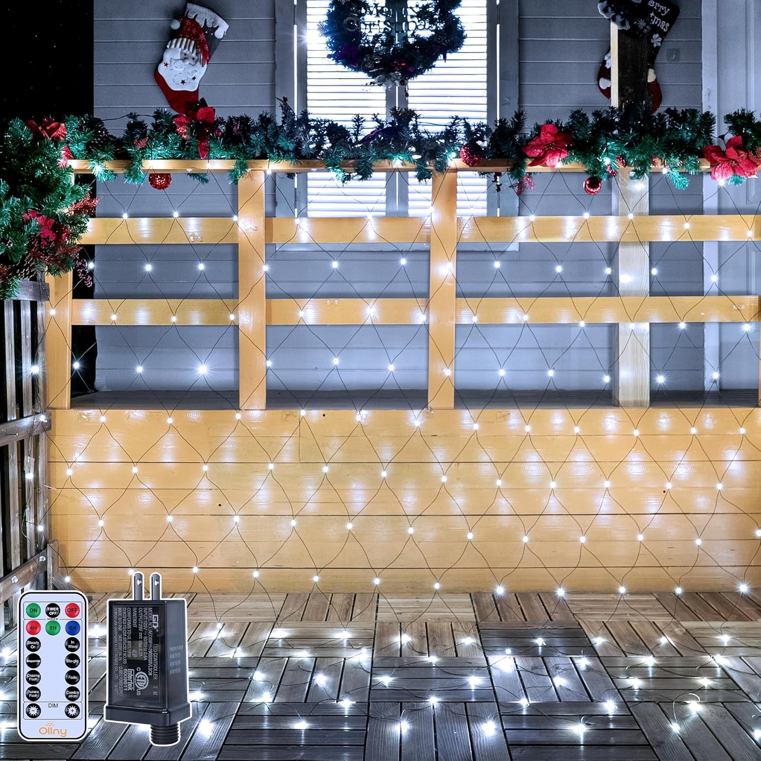 Ollny Net Lights Outdoor Mesh Light 10x7ft, 210LED Clear Wire Connectable Christmas Net Lights with 8 Modes, IP67 Waterproof Bush Light for Tree Wall Ceiling Outside Decorations, Warm White