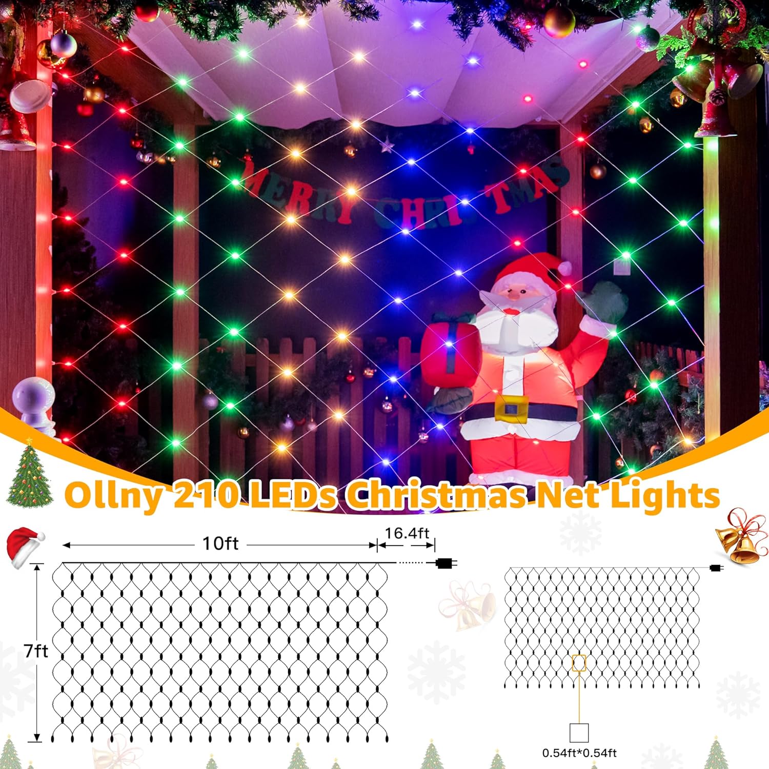 Ollny Net Lights Outdoor Mesh Light 10x7ft, 210LED Clear Wire Connectable Christmas Net Lights with 8 Modes, IP67 Waterproof Bush Light for Tree Wall Ceiling Outside Decorations, Warm White