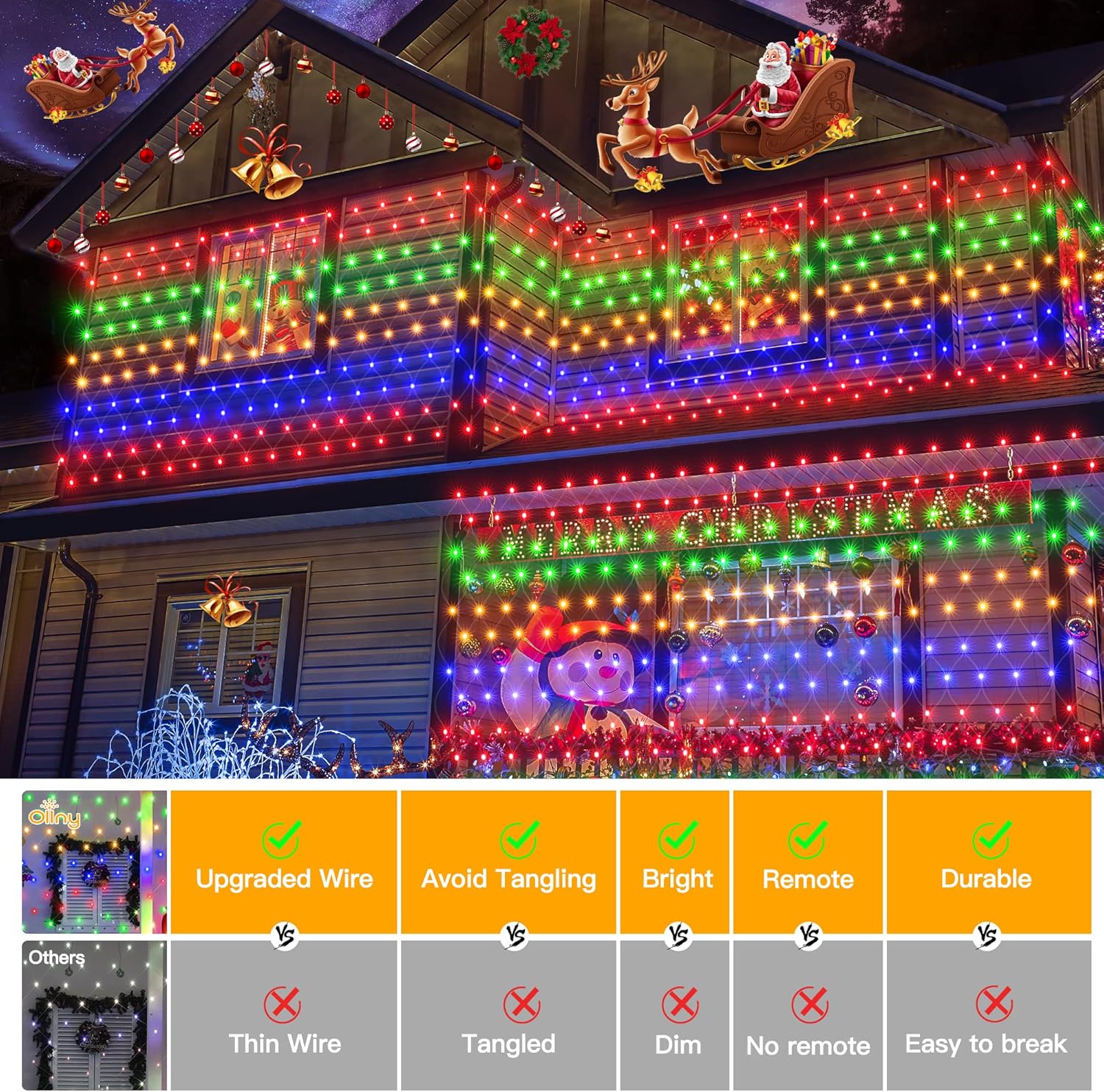 Ollny Net Lights Outdoor Mesh Light 10x7ft, 210LED Clear Wire Connectable Christmas Net Lights with 8 Modes, IP67 Waterproof Bush Light for Tree Wall Ceiling Outside Decorations, Warm White