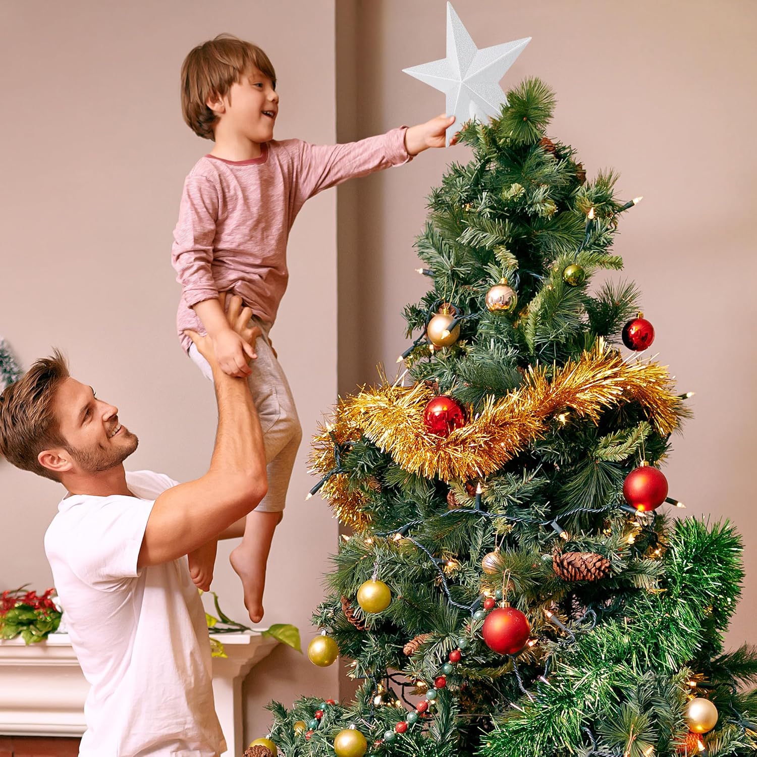 Christmas Tree Star Topper, 8 Gold Xmas Star Tree Decorations, 3D Shatterproof Bethlehem Star Tree Topper Decorations, Waterproof Christmas Tree Topper Decor for Holiday Home Outdoor Ornament