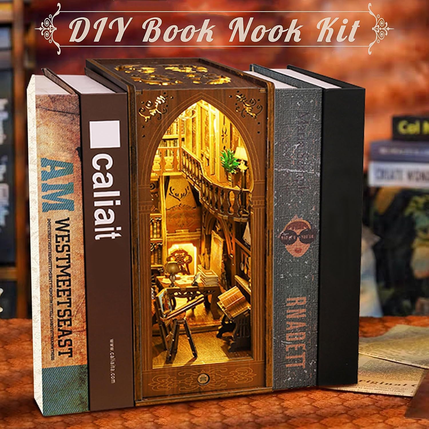 CRIOLPO Book Nook Kit - DIY Doll House Booknook, Book Nook Miniature Kit for Bookshelf Doll Houses for Adults Teen Halloween, 3D Wooden Puzzle Bookends with Sensor Led Light