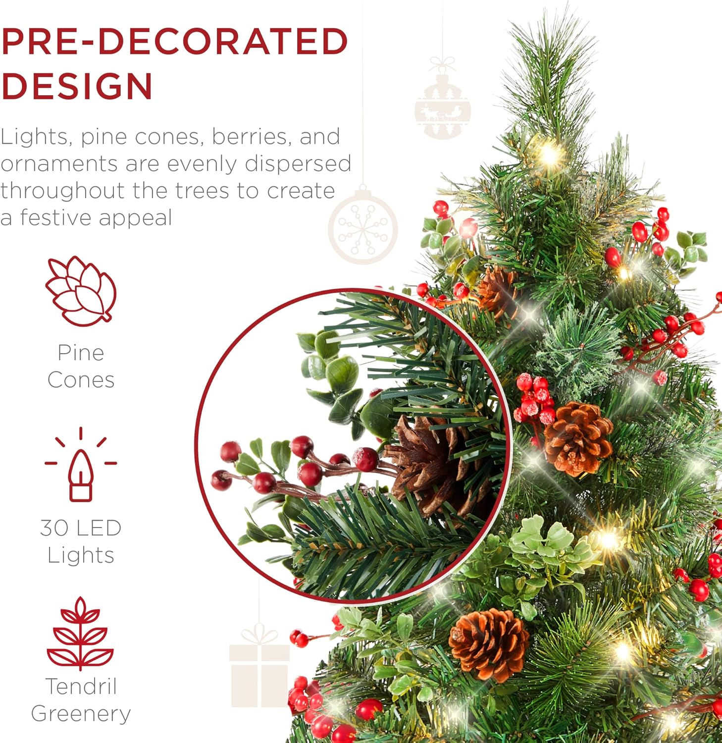 Best Choice Products Set of 2 24.5in Outdoor Pathway Christmas Trees, Battery Operated Pre-Lit Holiday Décor w/LED Lights, Red Berries, Pine Cones