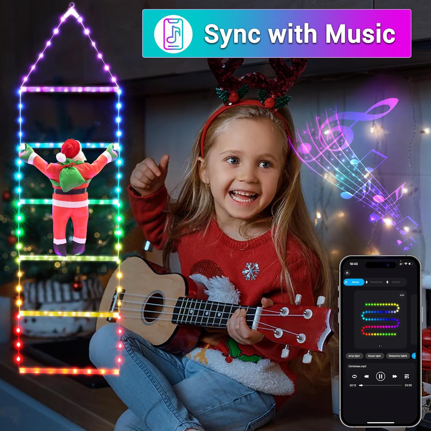 Toodour LED Christmas Lights - 10ft Christmas Decorative Ladder Lights with Santa Claus, Xmas Decorations Light for Indoor Outdoor, Window, Garden, Home, Wall, Xmas Tree Decor - Multicolor