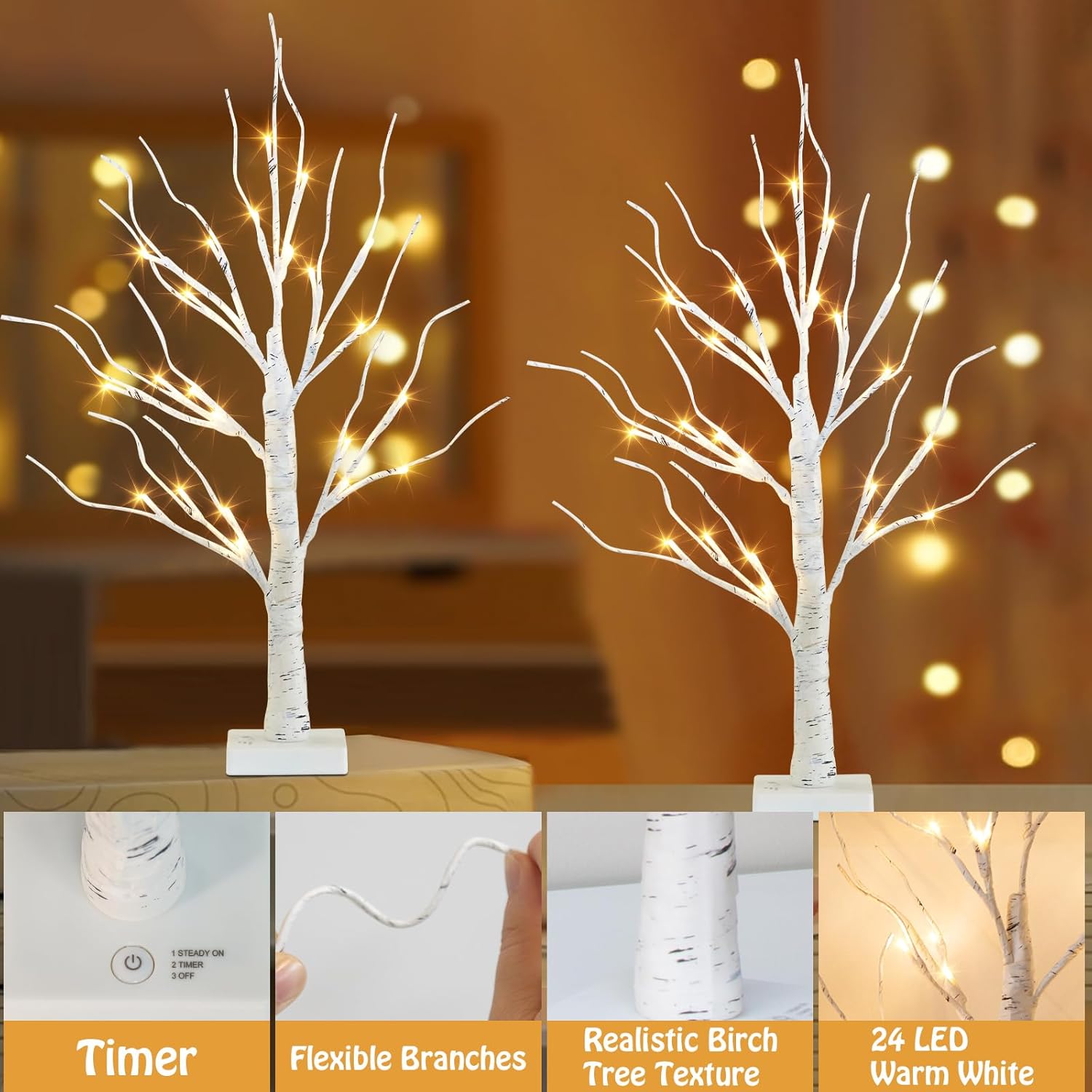 EAMBRITE Home Decorations Light Up White Birch Tree Indoor Christmas Decor, 4 Pack Battery Operated/USB Lighted Tabletop Money Tree Lamp Led Lights Xmas Wedding Centerpiece Table Room (2 Ft)