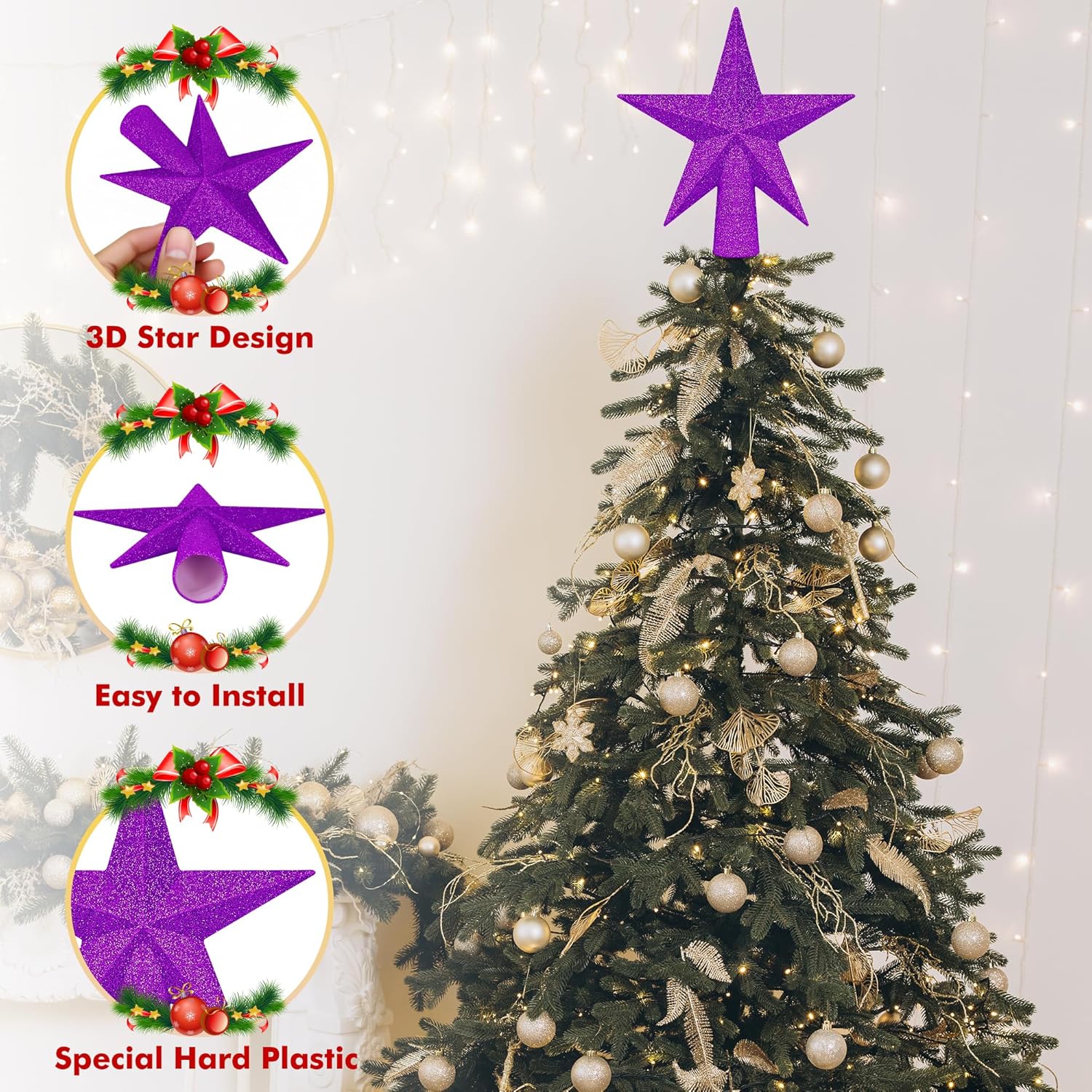 Christmas Tree Star Topper, 8 Gold Xmas Star Tree Decorations, 3D Shatterproof Bethlehem Star Tree Topper Decorations, Waterproof Christmas Tree Topper Decor for Holiday Home Outdoor Ornament