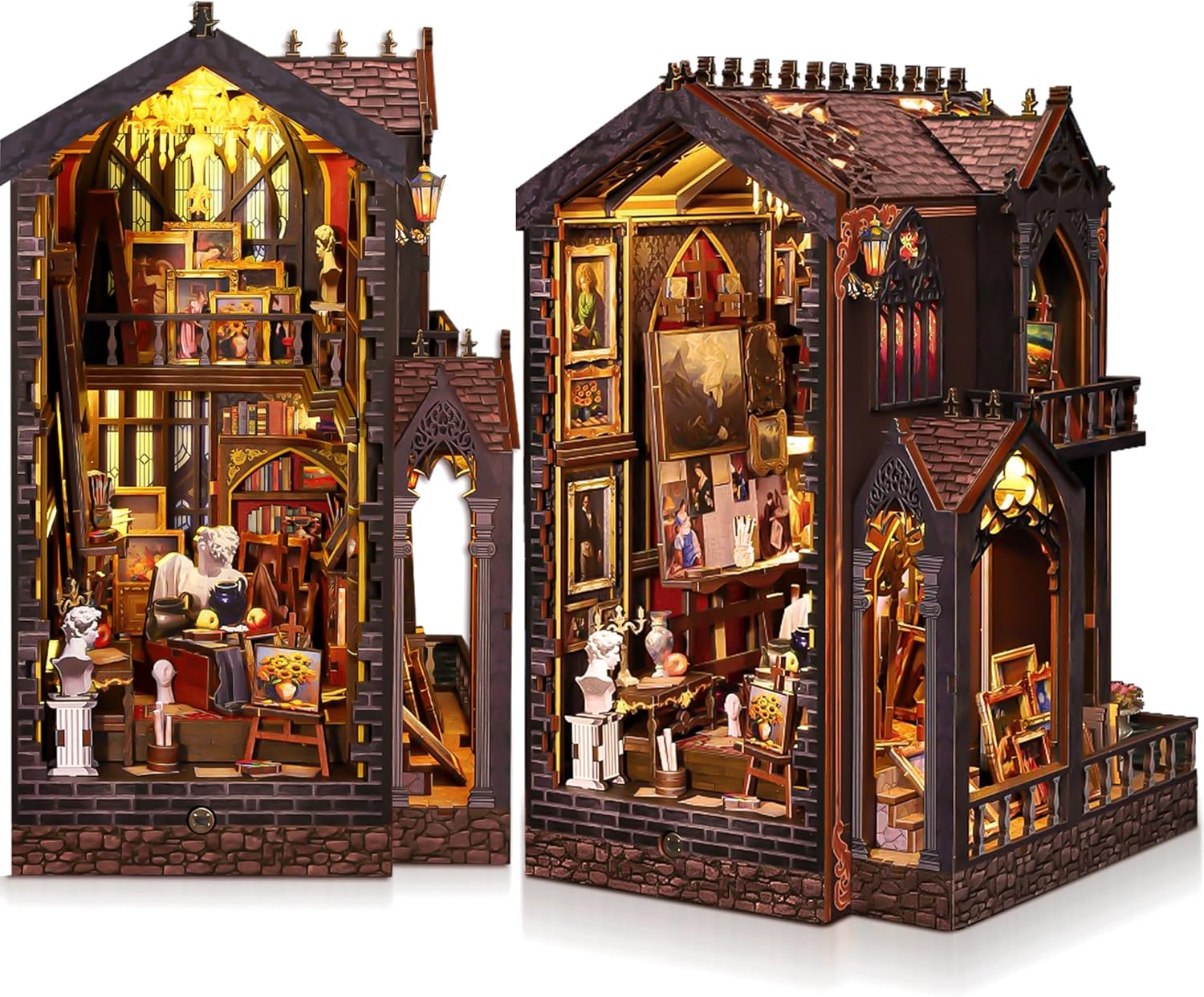 CRIOLPO Book Nook Kit - DIY Doll House Booknook, Book Nook Miniature Kit for Bookshelf Doll Houses for Adults Teen Halloween, 3D Wooden Puzzle Bookends with Sensor Led Light