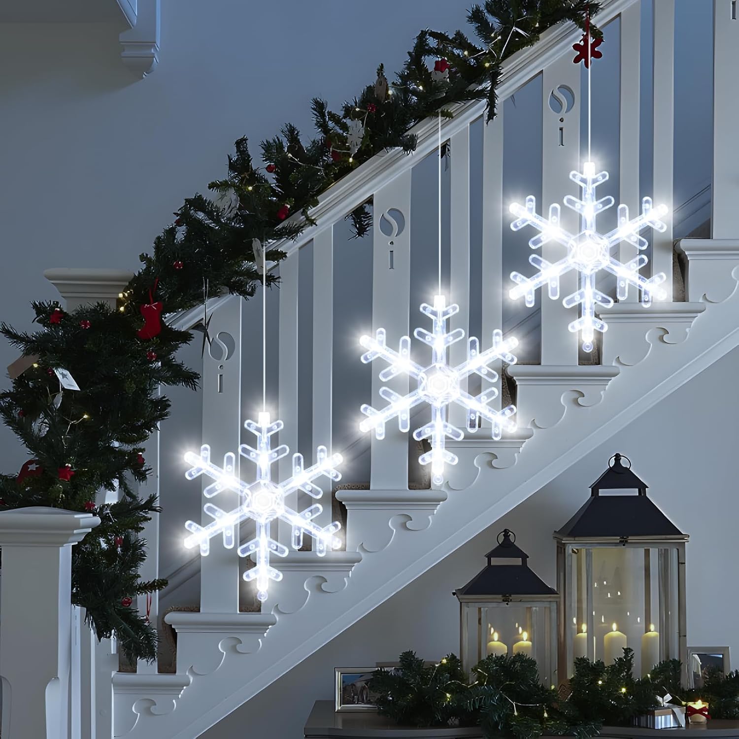 LYUBASA 3Pack Christmas Window Lights Decorations with Timer, Battery Powered Christmas Hanging White Lighted Snowflake Shaped LED Sucker for Xmas Lamp Tree Fireplace Indoor Decor