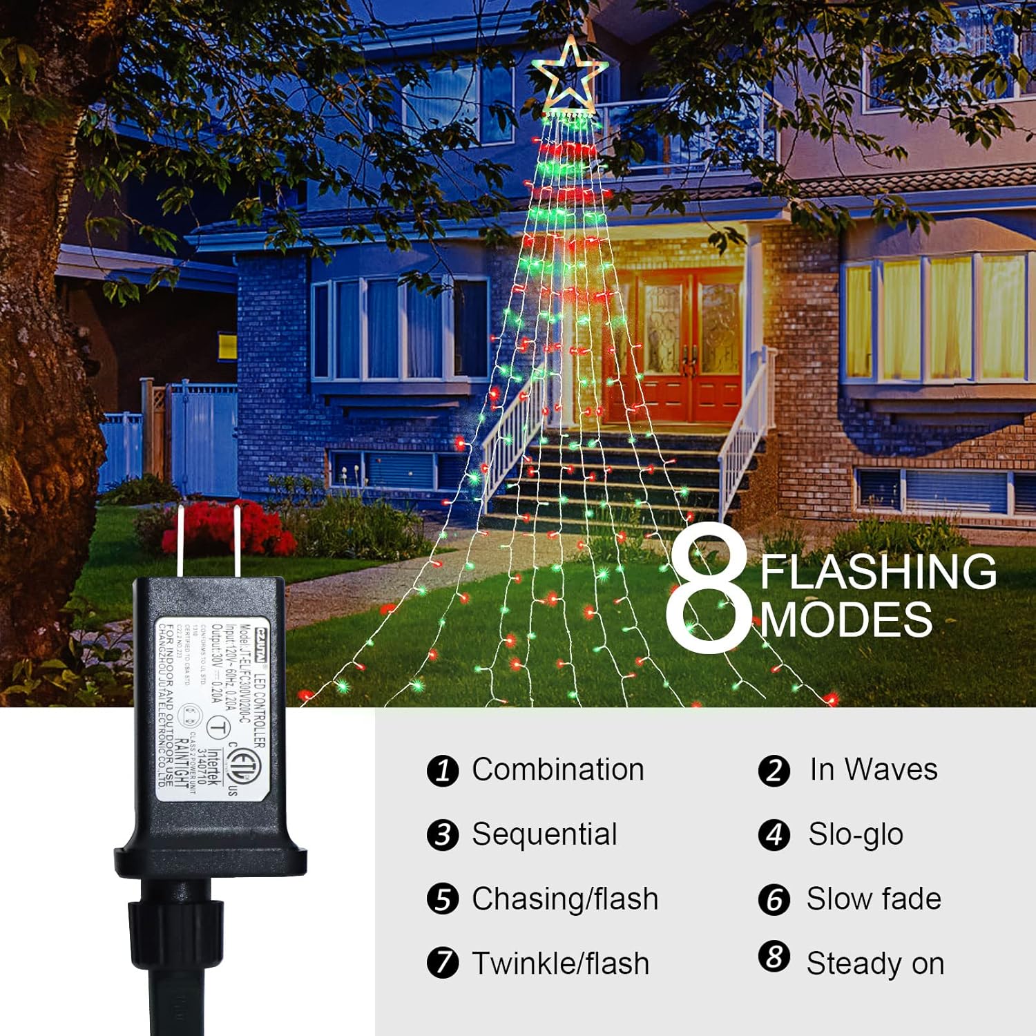 PUHONG Christmas Lights, Decorations Star Lights, 320 LED Christmas Tree Lights Outdoor, 16.4Ft String Lights, 8 Light Modes with 12 Lighted Star for Xmas New Year (Iron-Multicolor)