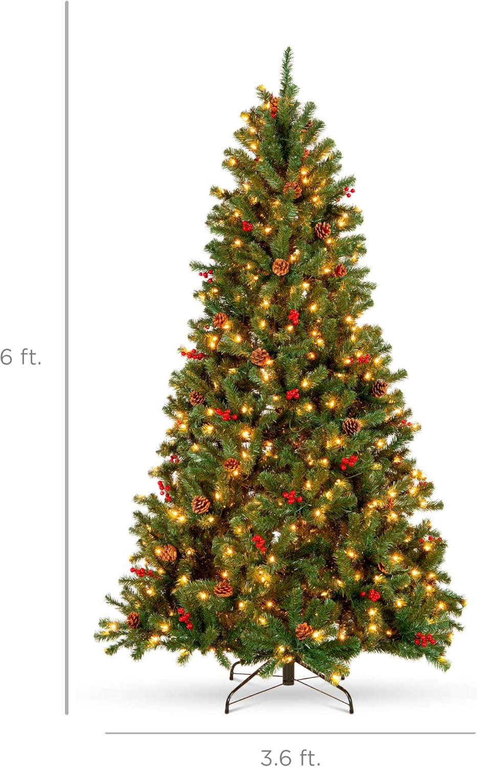 Best Choice Products 6ft Pre-Lit Pre-Decorated Spruce Hinged Artificial Christmas Tree w/ 798 Tips, Pinecones, Berries, 250 Lights, Metal Base