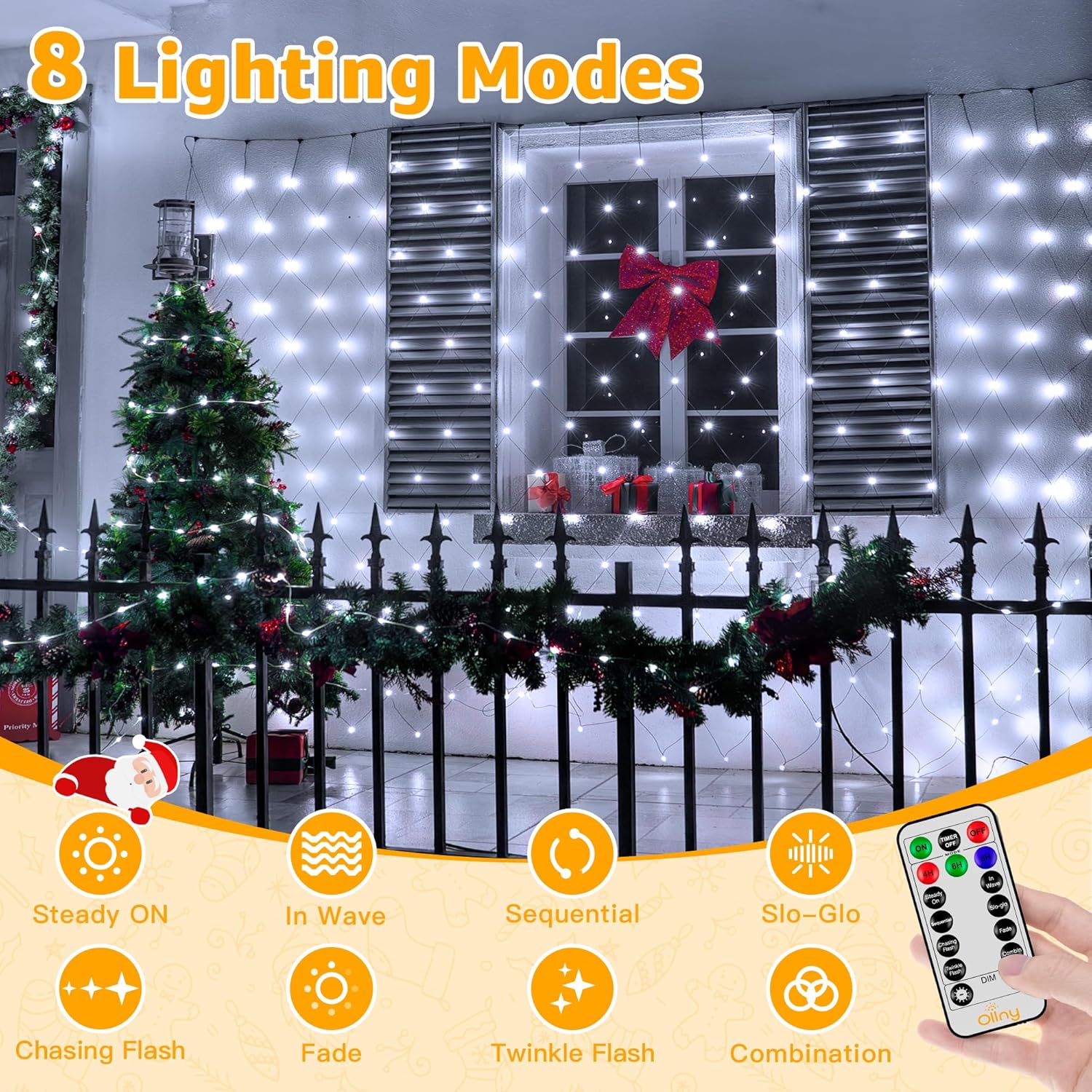 Ollny Net Lights Outdoor Mesh Light 10x7ft, 210LED Clear Wire Connectable Christmas Net Lights with 8 Modes, IP67 Waterproof Bush Light for Tree Wall Ceiling Outside Decorations, Warm White
