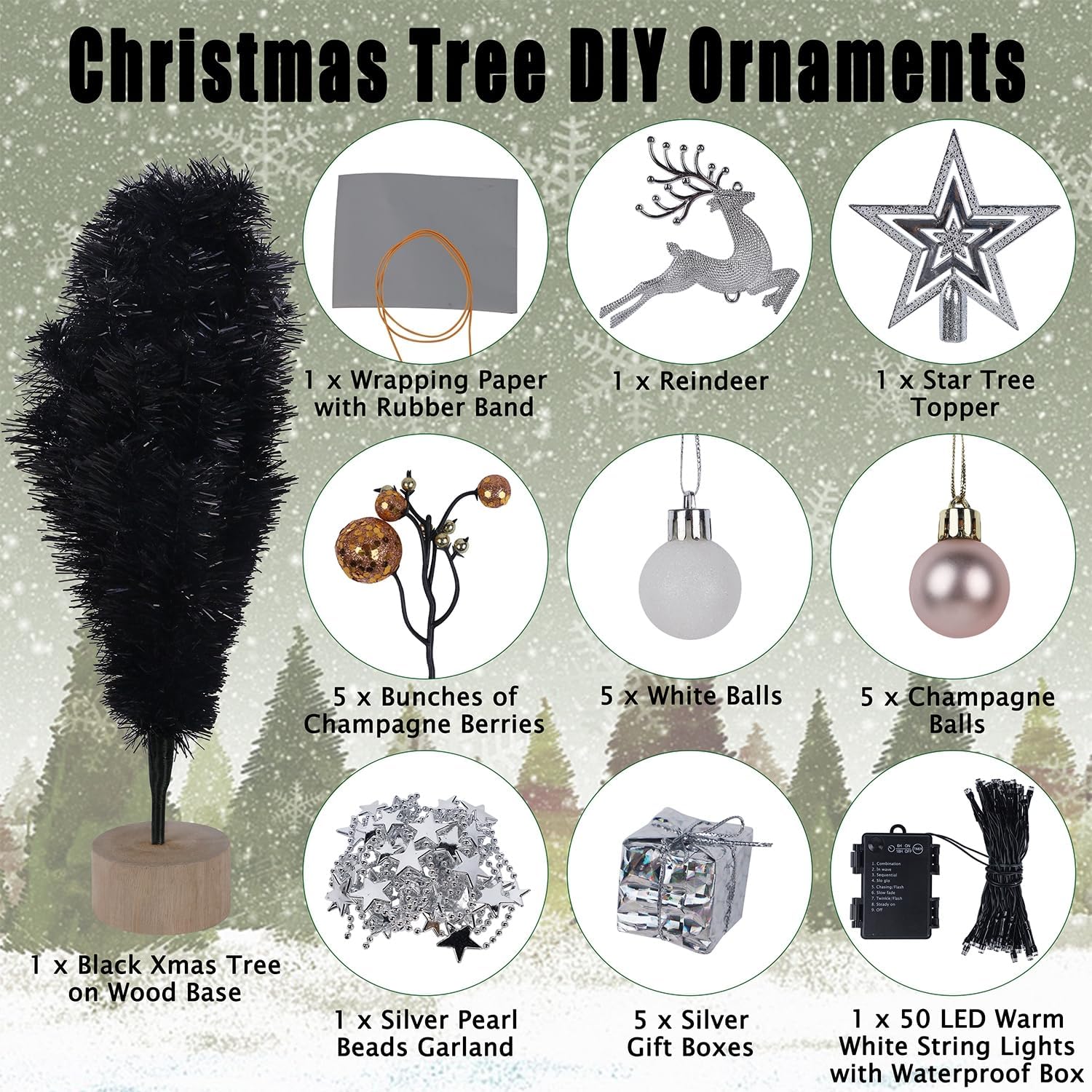 Juegoal 24 Inch Mini Christmas Tree Set, Table Top Artificial Christmas Trees with 50 LED Lights, Ornaments and Red Berries, Best DIY Christmas Decorations