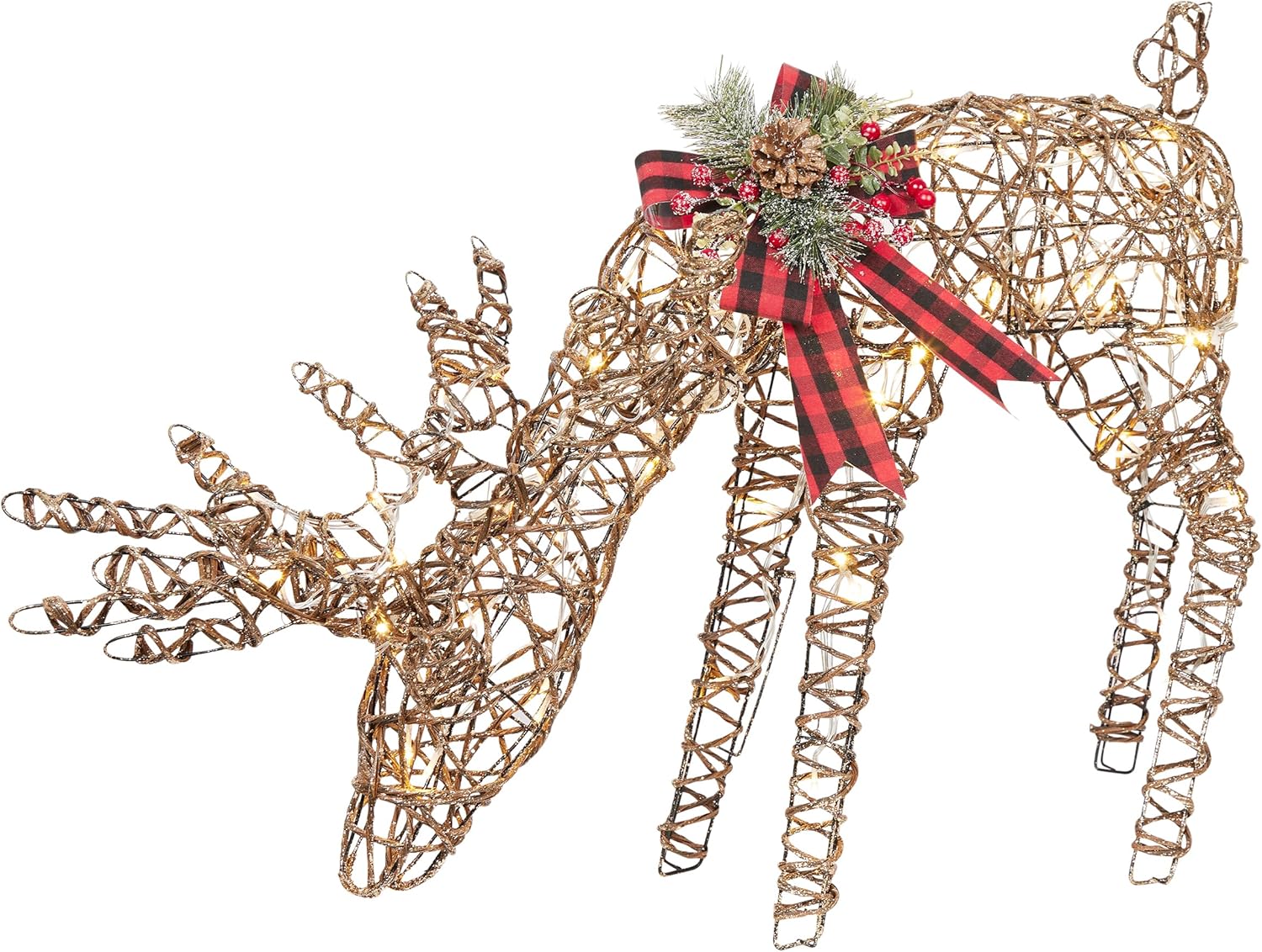 Alpine Corporation 24 Tall Outdoor Rattan Grazing Reindeer Lawn Decoration with White LED Lights, Christmas Yard Decor, Holiday Garden Display