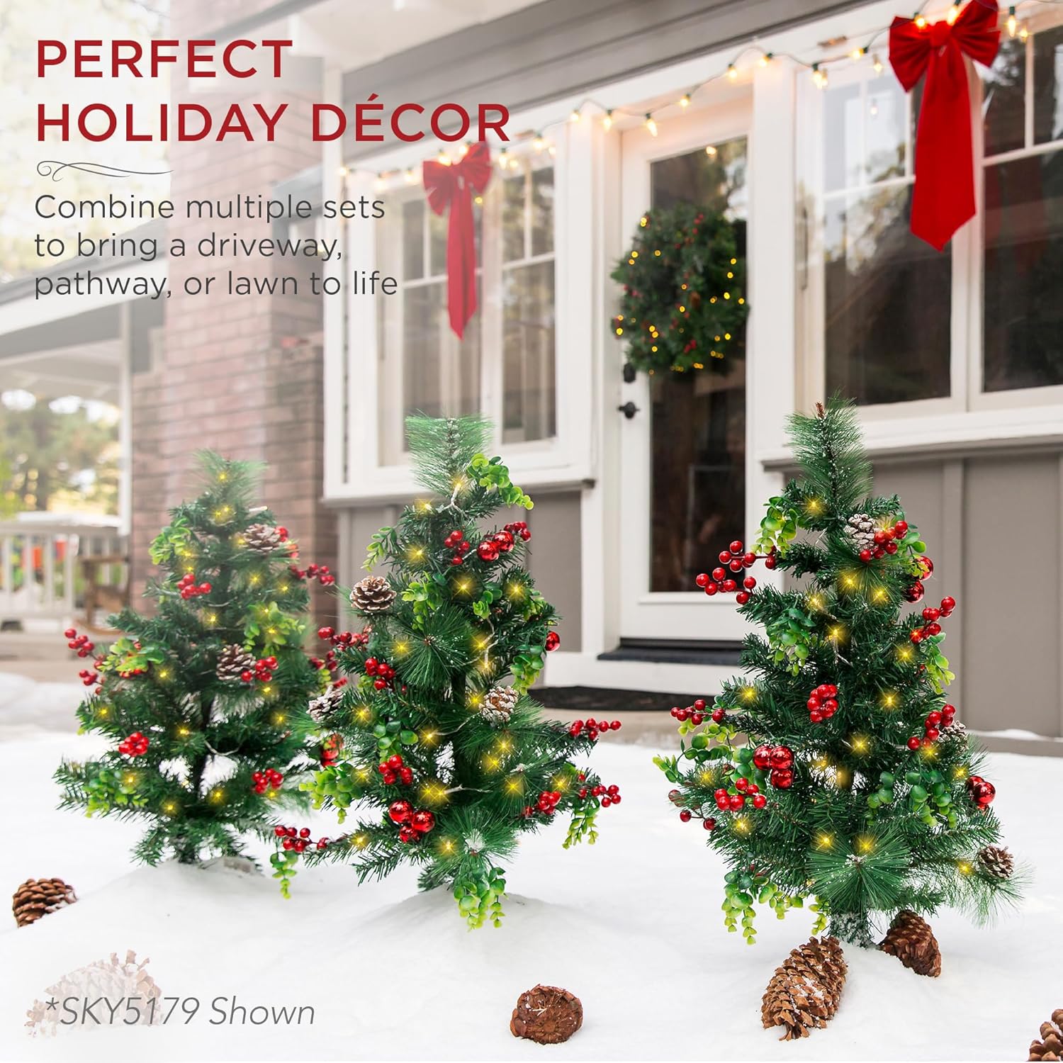 Best Choice Products Set of 2 24.5in Outdoor Pathway Christmas Trees, Battery Operated Pre-Lit Holiday Décor w/LED Lights, Red Berries, Pine Cones