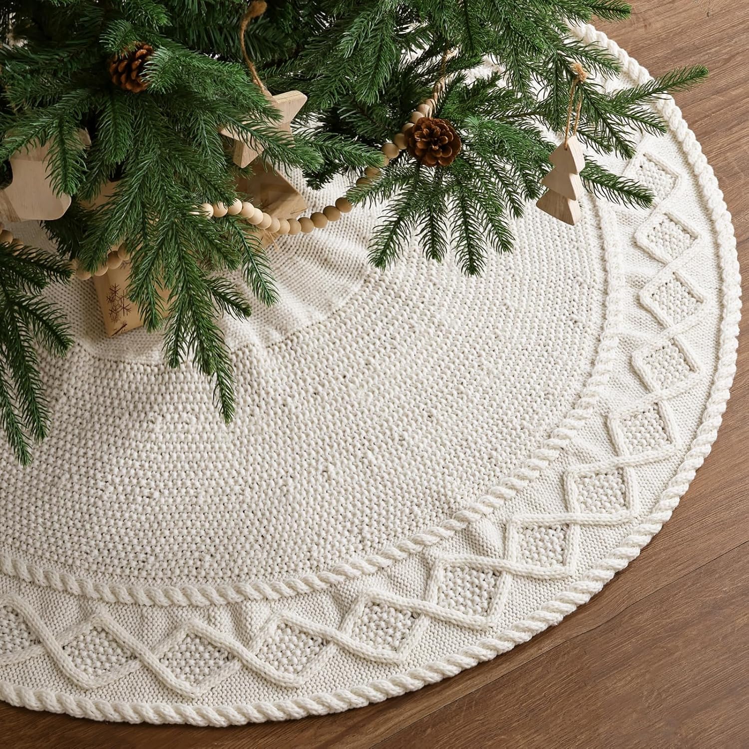 48 Inch Christmas Tree Skirt: Braided Cable Knit Tree Skirt for 7.5FT Tree, Cream White Tree Skirt, Vintage Tree Skirts, Rustic Farmhouse Christmas Decorations