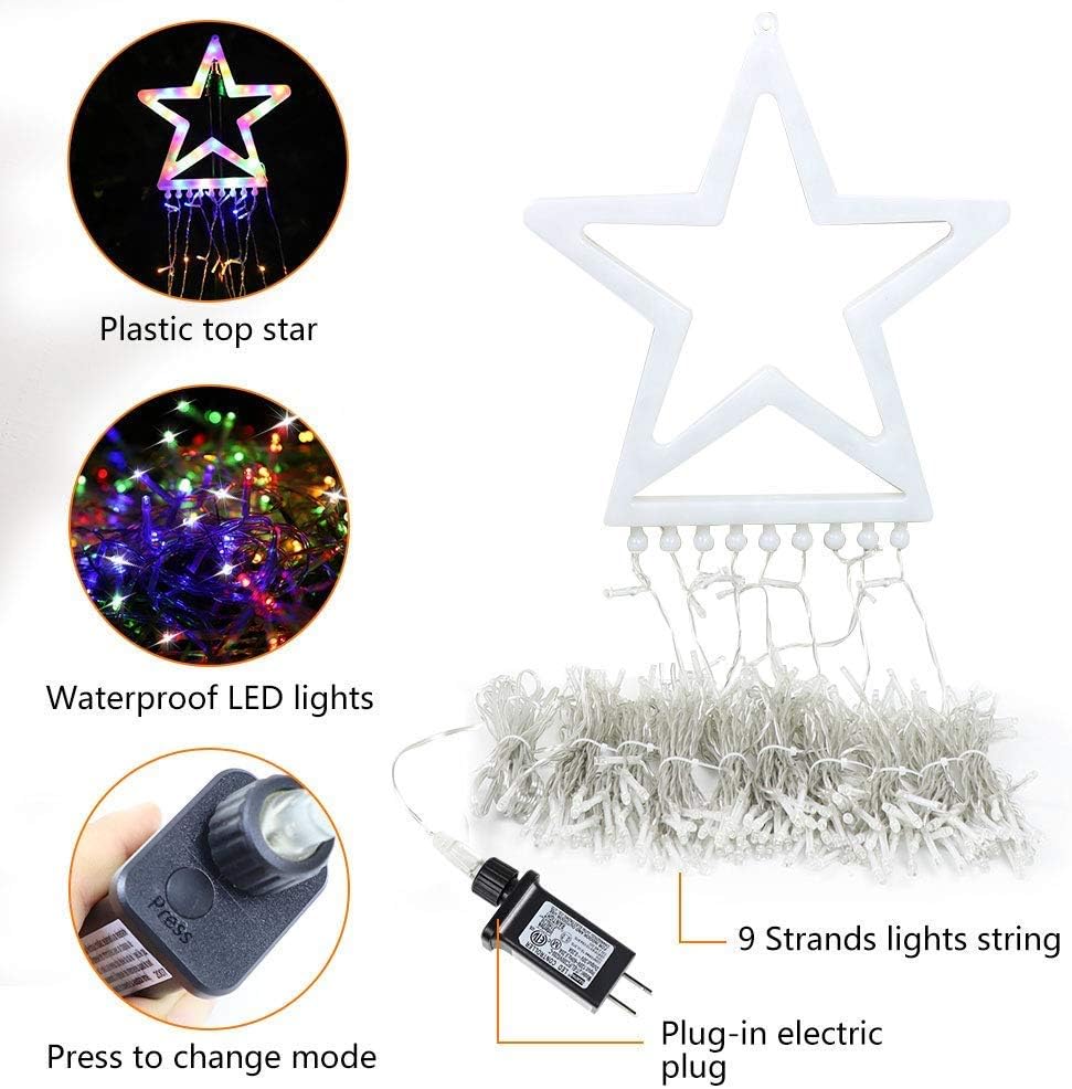 PUHONG Christmas Lights, Decorations Star Lights, 320 LED Christmas Tree Lights Outdoor, 16.4Ft String Lights, 8 Light Modes with 12 Lighted Star for Xmas New Year (Iron-Multicolor)