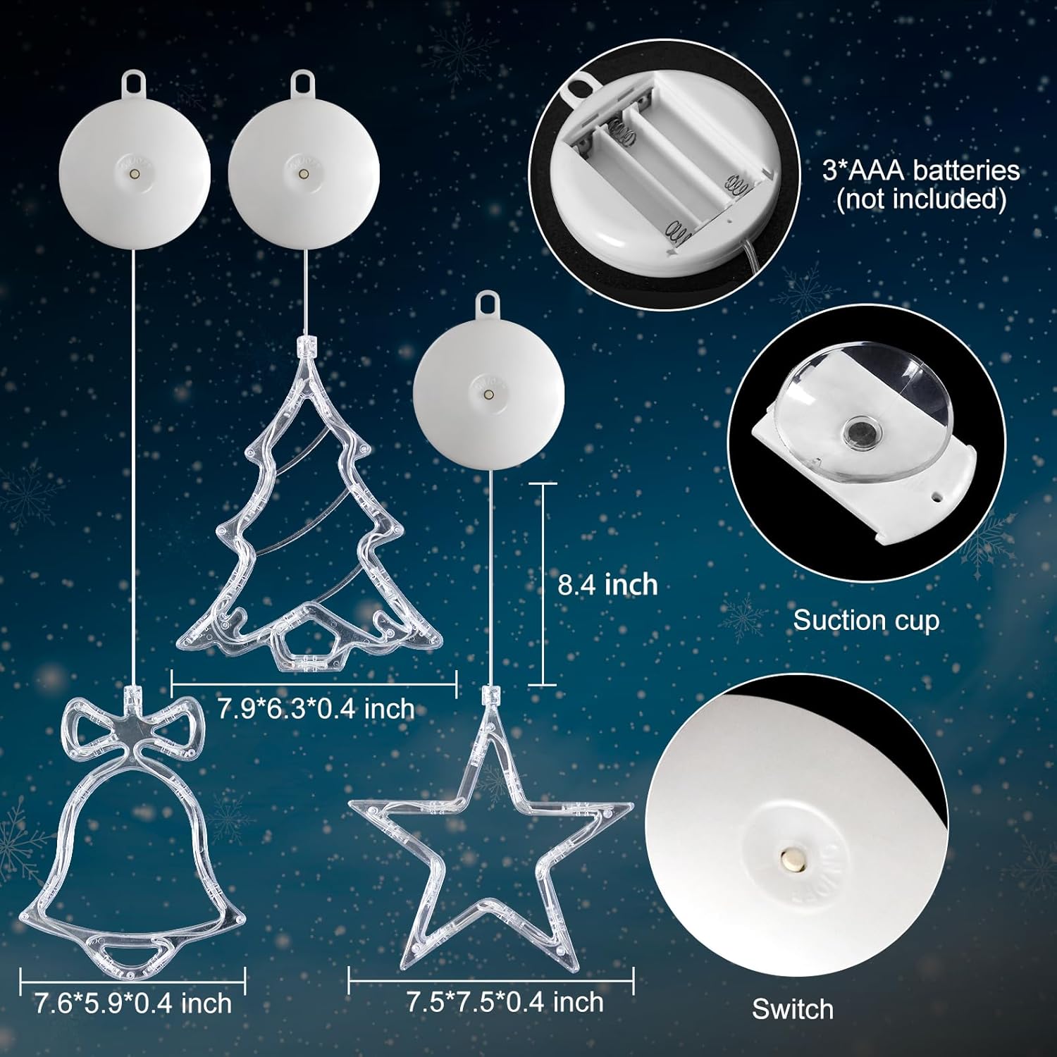 LYUBASA 3Pack Christmas Window Lights Decorations with Timer, Battery Powered Christmas Hanging White Lighted Snowflake Shaped LED Sucker for Xmas Lamp Tree Fireplace Indoor Decor