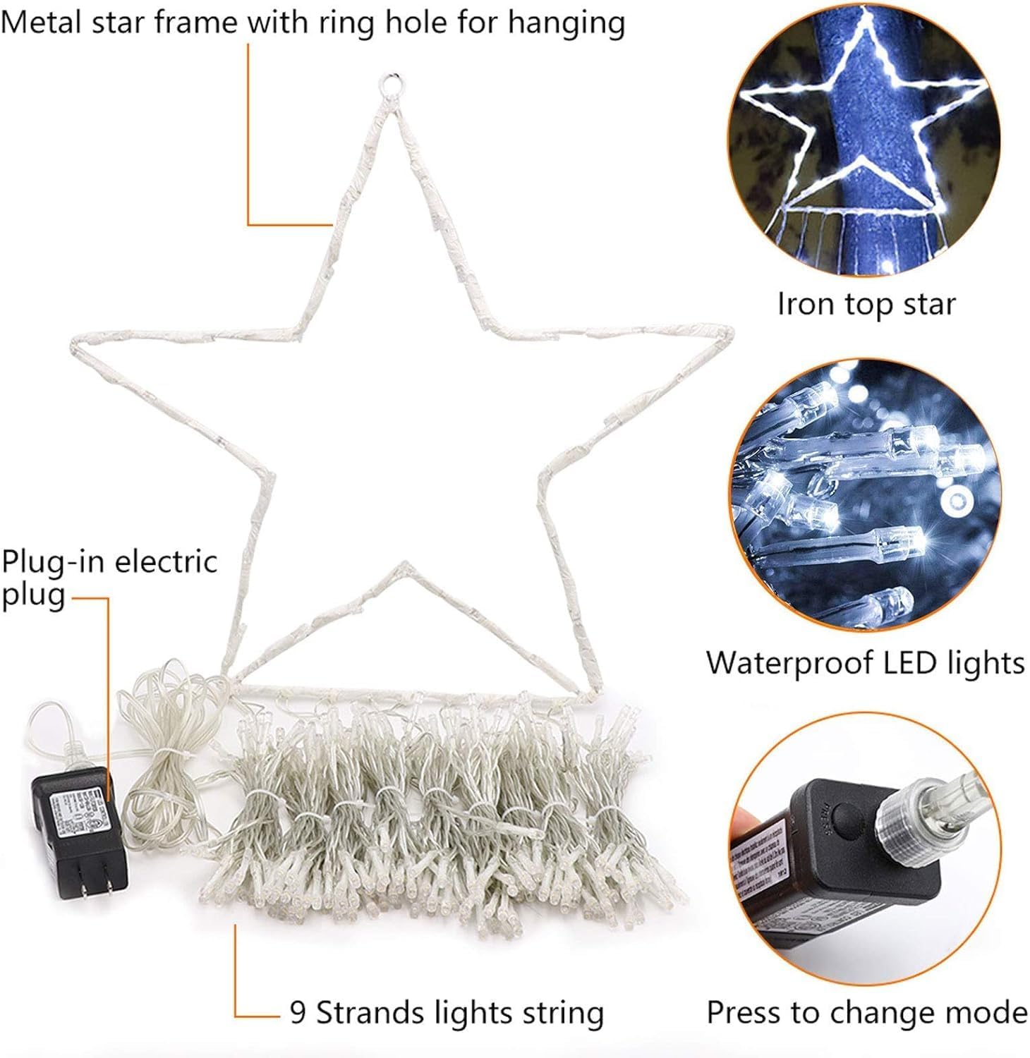 PUHONG Christmas Lights, Decorations Star Lights, 320 LED Christmas Tree Lights Outdoor, 16.4Ft String Lights, 8 Light Modes with 12 Lighted Star for Xmas New Year (Iron-Multicolor)
