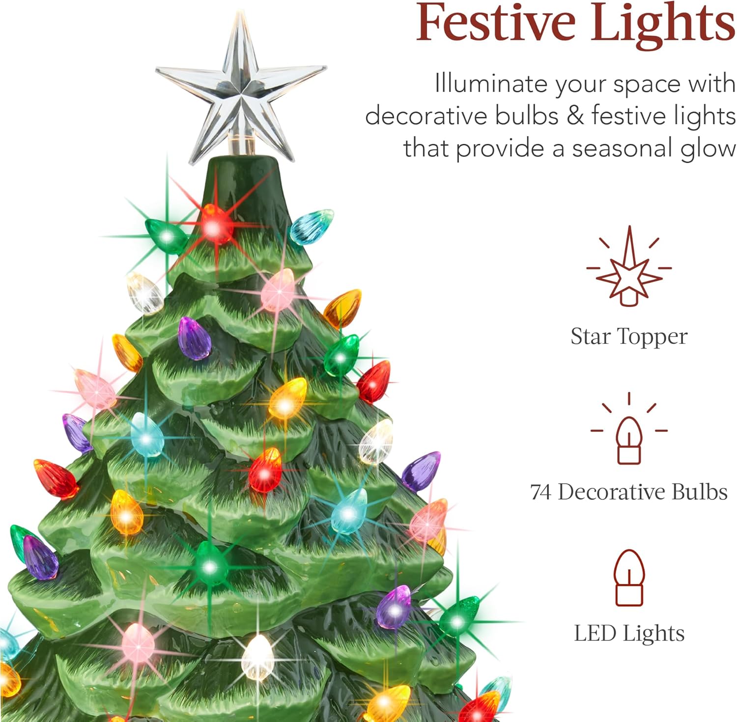 Best Choice Products 18in Large Ceramic Christmas Tree, Pre-lit Hand-Painted Tabletop Holiday Decoration w/Power Cord, 2 Star, 93 Multicolored Bulbs, LED Lights - Green