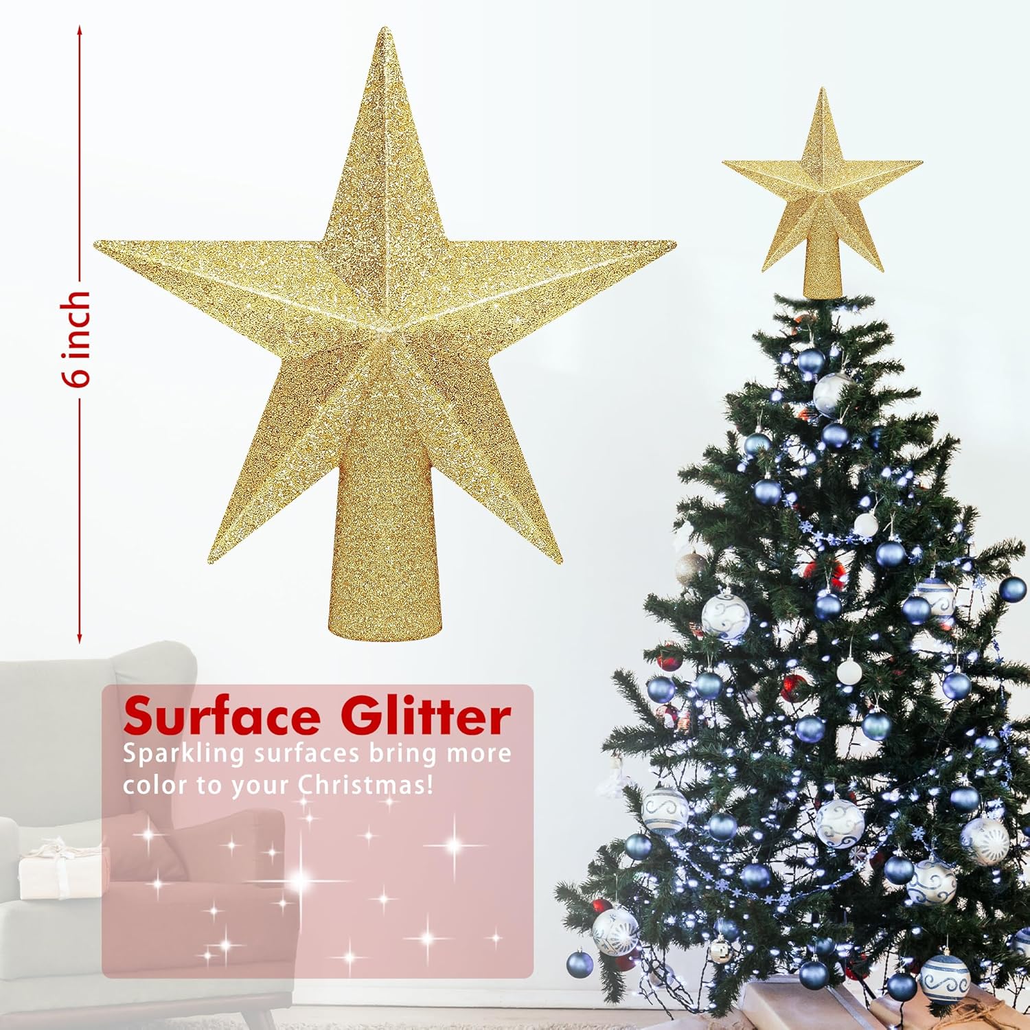 Christmas Tree Star Topper, 8 Gold Xmas Star Tree Decorations, 3D Shatterproof Bethlehem Star Tree Topper Decorations, Waterproof Christmas Tree Topper Decor for Holiday Home Outdoor Ornament