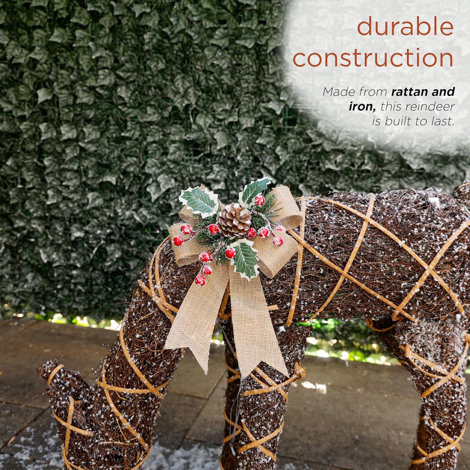 Alpine Corporation 24 Tall Outdoor Rattan Grazing Reindeer Lawn Decoration with White LED Lights, Christmas Yard Decor, Holiday Garden Display