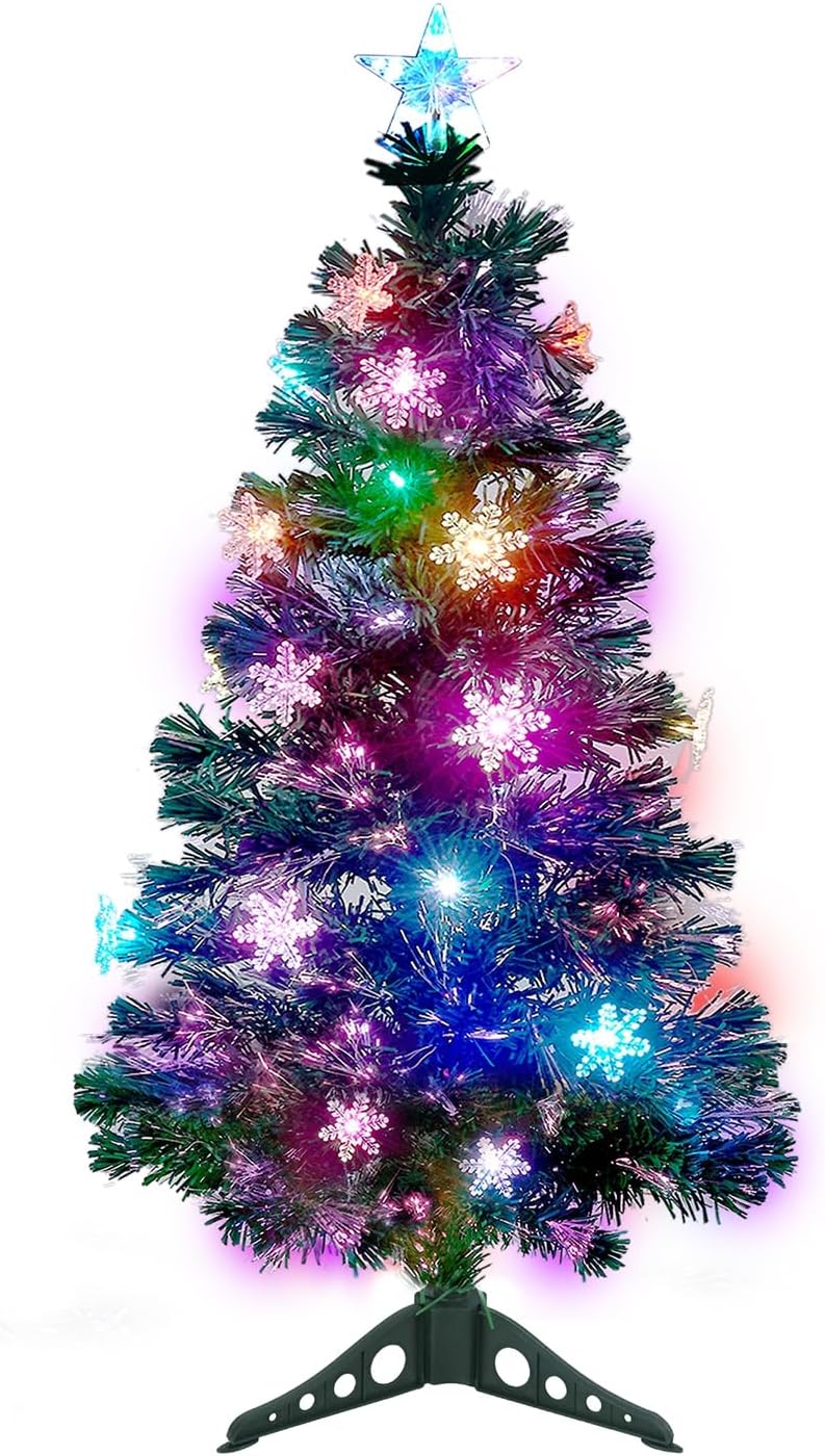 Juegoal 6 ft Pre-Lit Optical Fiber Christmas Artificial Tree, RGB Color Changing LED Lights, Snowflakes & Top Star, Fake Xmas Tree with Metal Legs